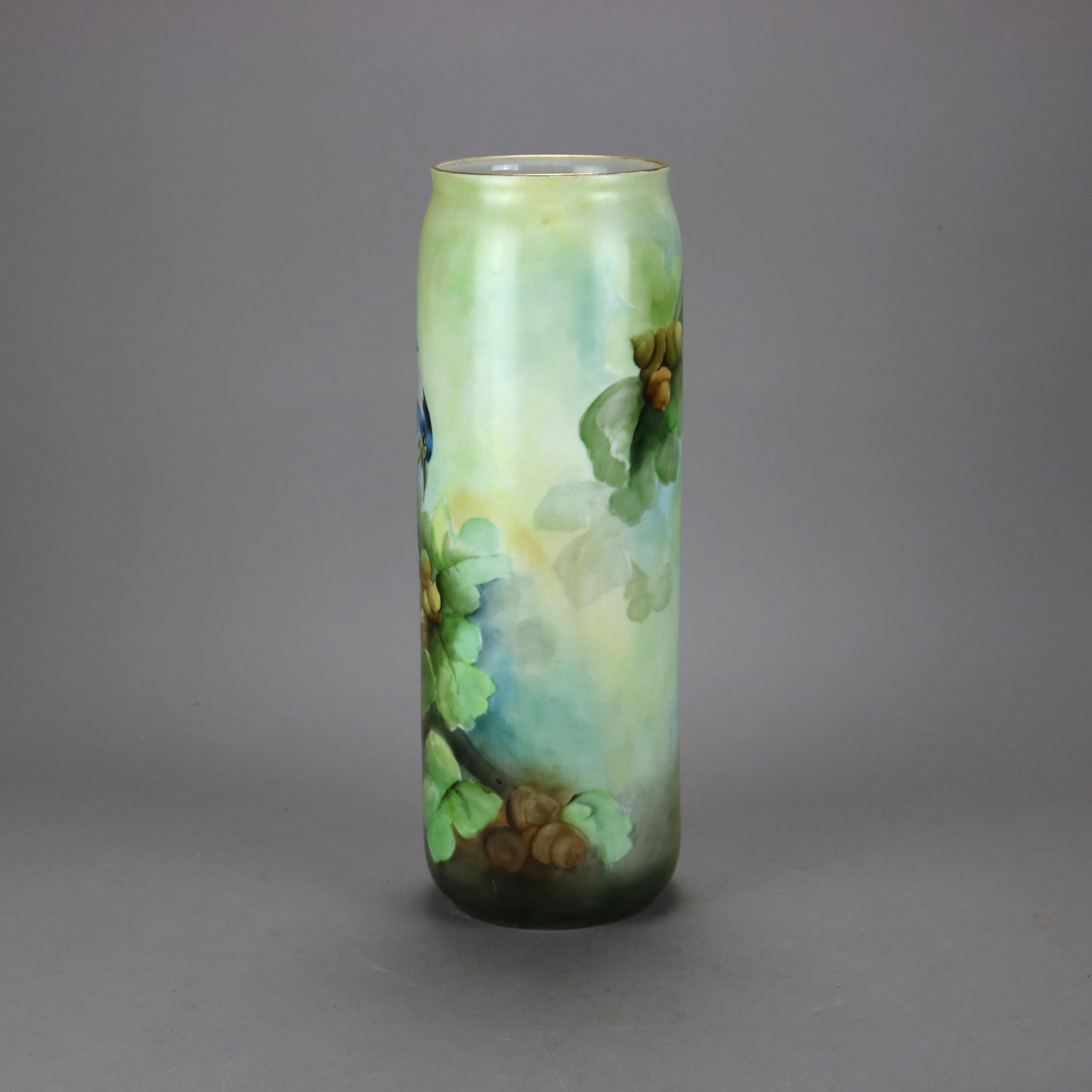 20th Century Antique French Limoges Hand Painted Porcelain Floral & Bird Cylinder Vase, c1900