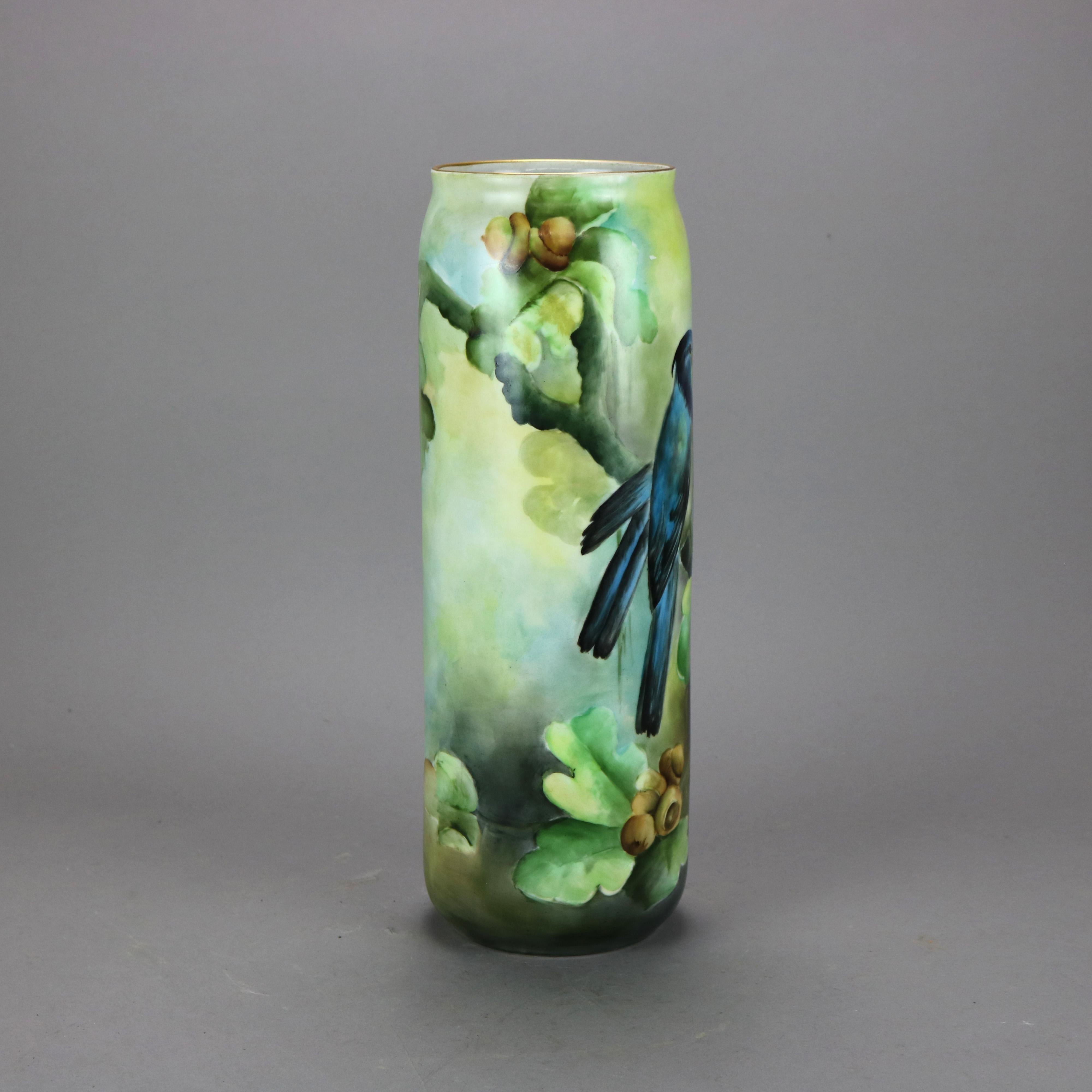 Antique French Limoges Hand Painted Porcelain Floral & Bird Cylinder Vase, c1900 2