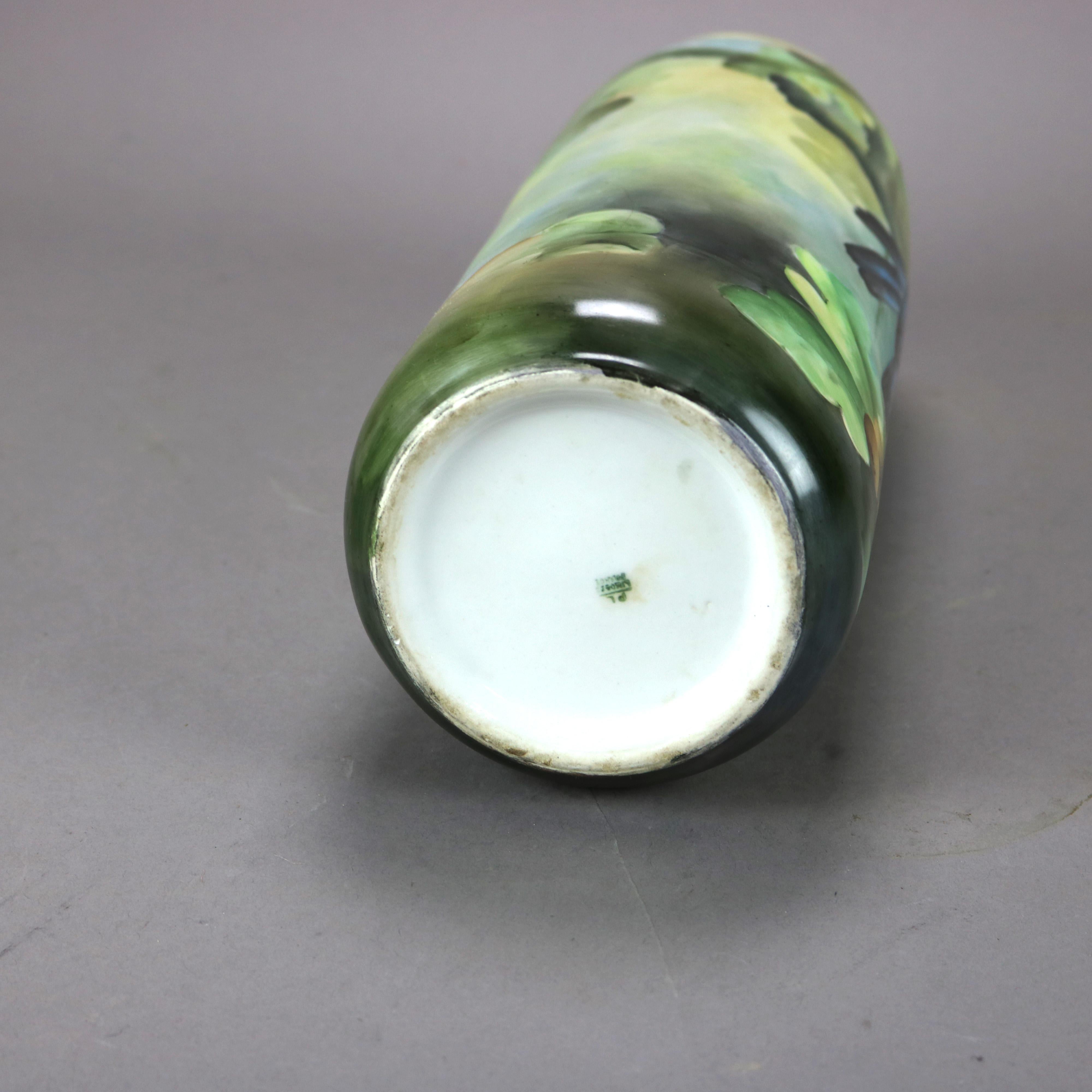 Antique French Limoges Hand Painted Porcelain Floral & Bird Cylinder Vase, c1900 3