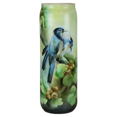 Antique French Limoges Hand Painted Porcelain Floral & Bird Cylinder Vase, c1900