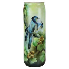 Antique French Limoges Hand Painted Porcelain Floral & Bird Cylinder Vase, c1900