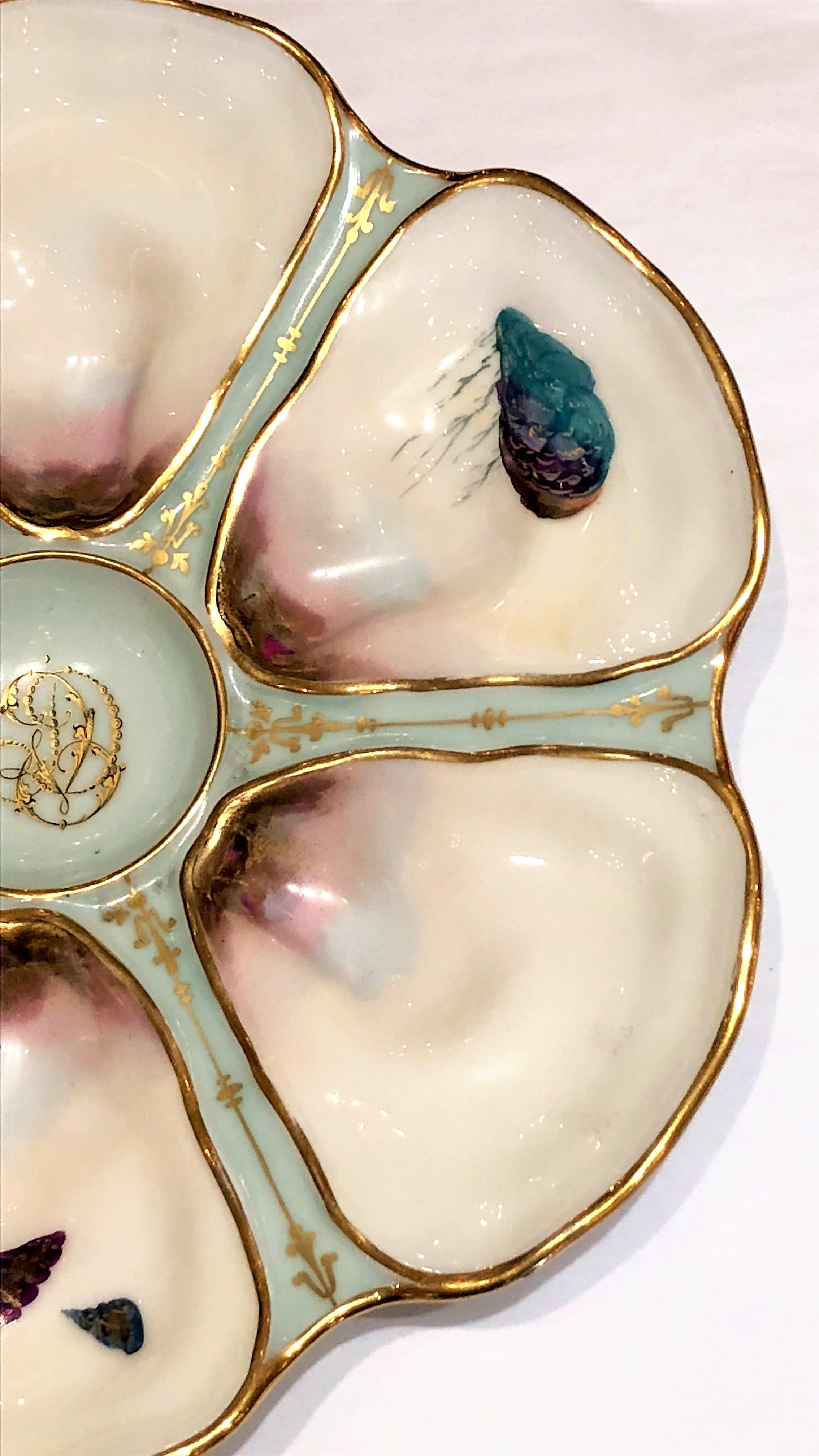 Antique French Limoges Hand-Painted Porcelain Oyster Plate, circa 1900 In Excellent Condition In New Orleans, LA