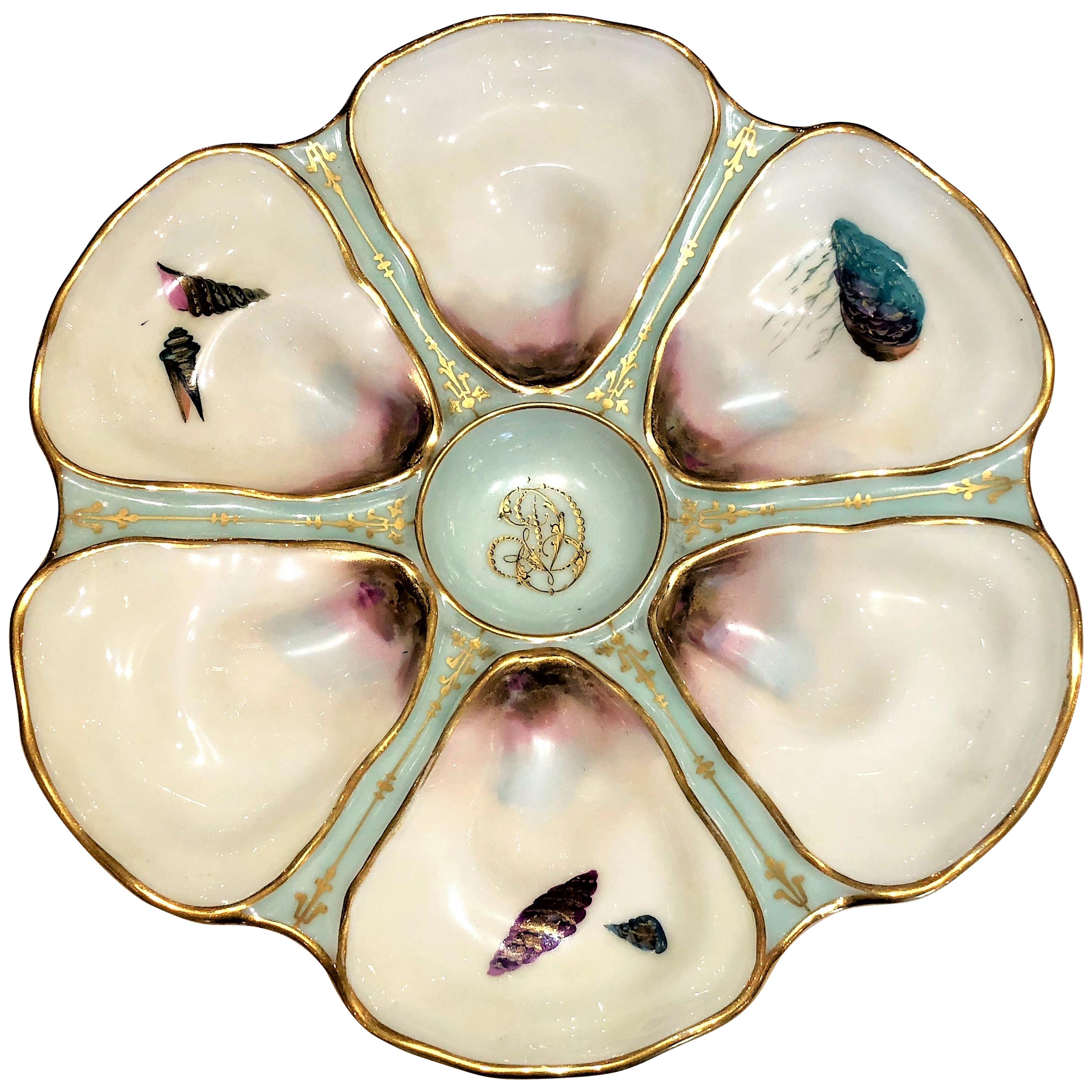 Antique French Limoges Hand-Painted Porcelain Oyster Plate, circa 1900