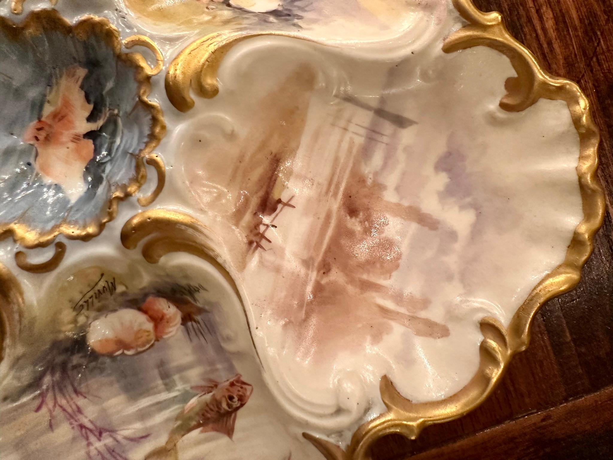 19th Century Antique French Limoges Hand-Painted Porcelain Sea Life Oyster Plate, Circa 1880.