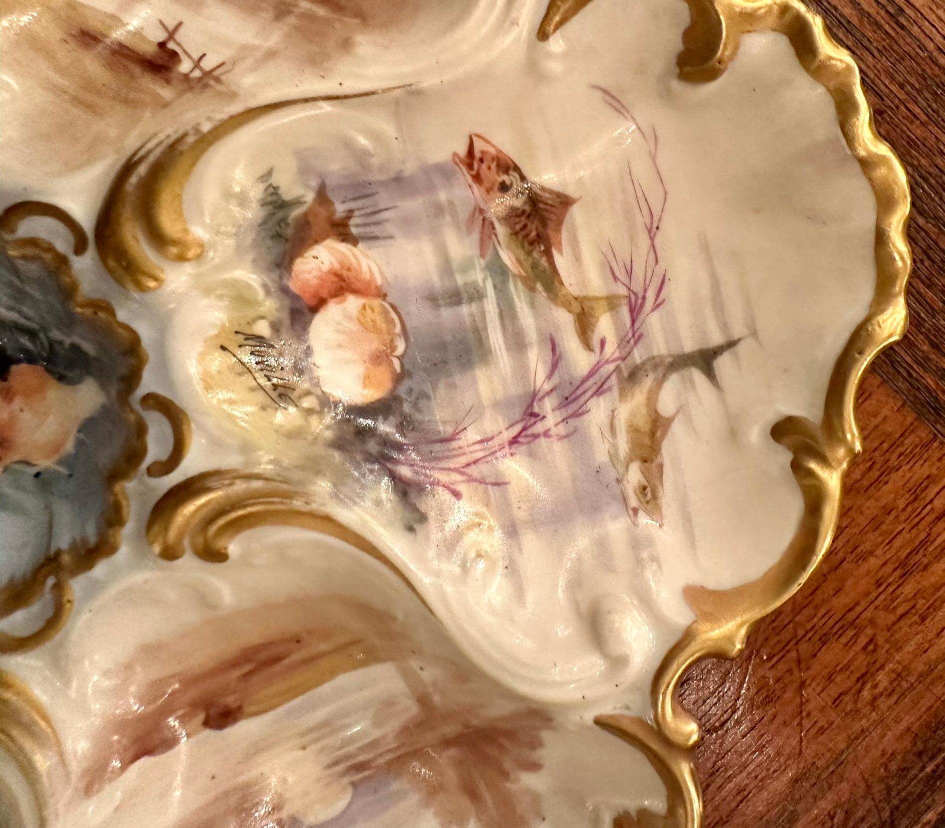 Antique French Limoges Hand-Painted Porcelain Sea Life Oyster Plate, Circa 1880. 1