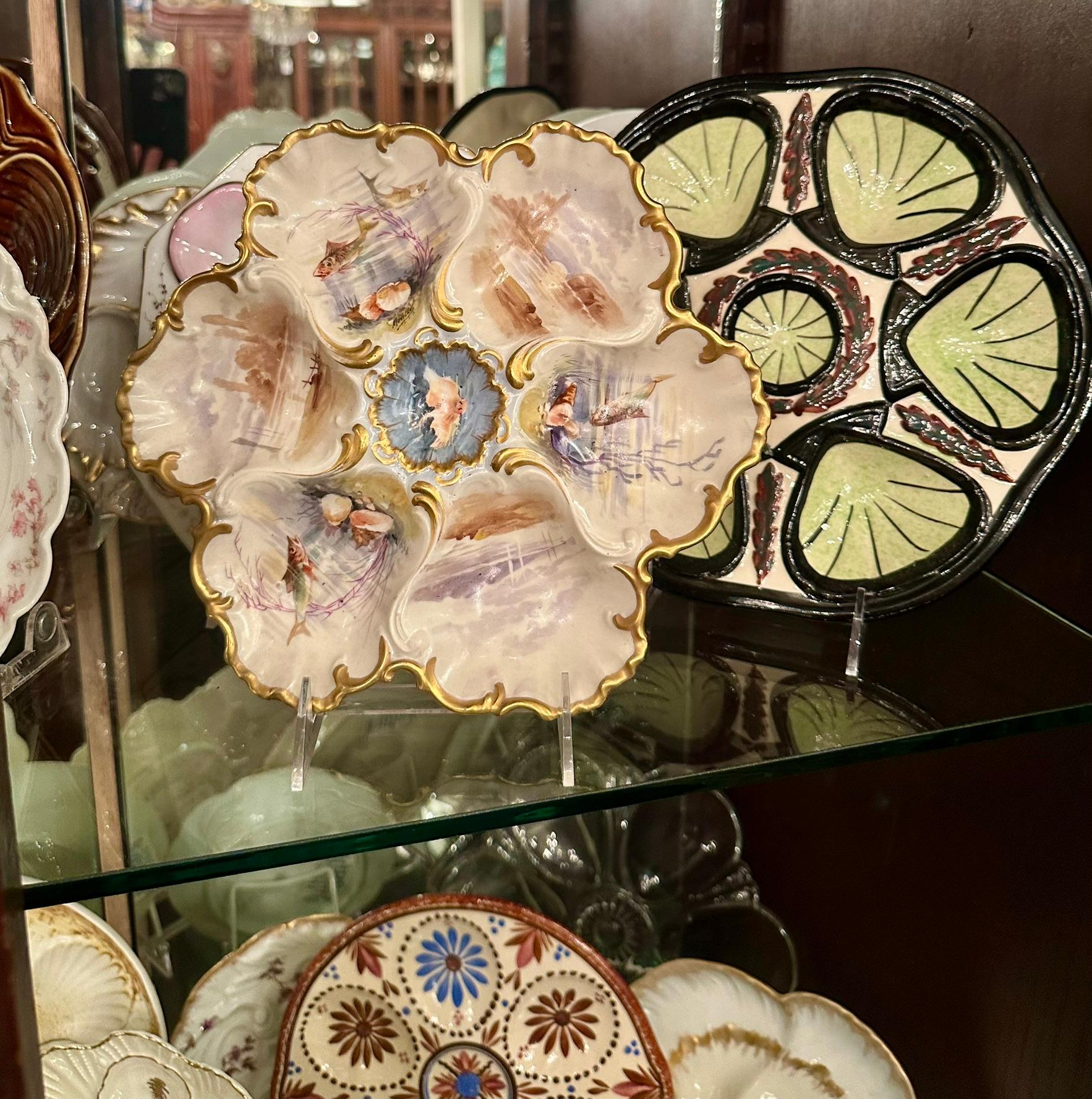 Antique French Limoges Hand-Painted Porcelain Sea Life Oyster Plate, Circa 1880. 5