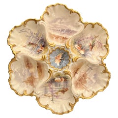Antique French Limoges Hand-Painted Porcelain Sea Life Oyster Plate, Circa 1880.