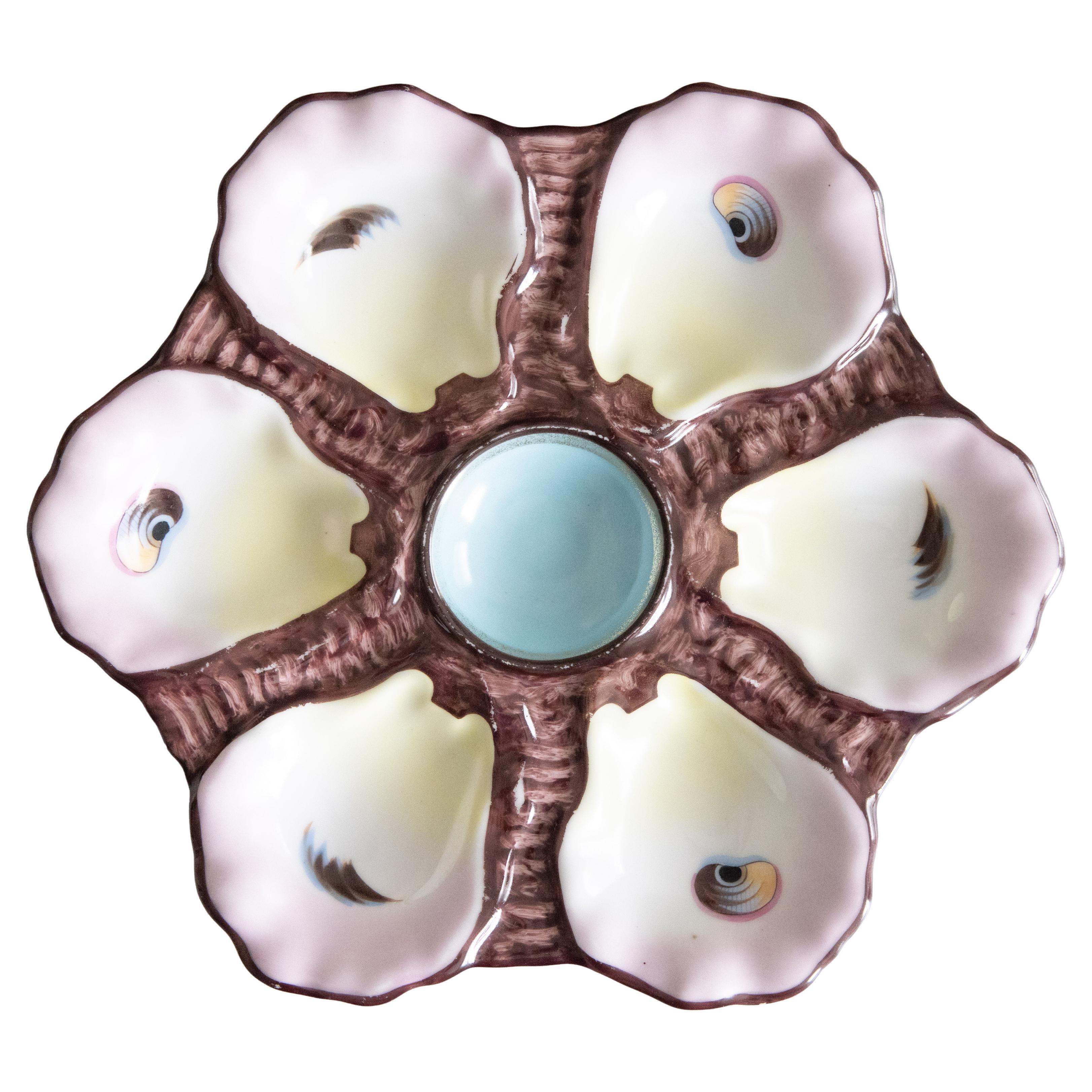 Antique French Limoges Majolica Porcelain Oyster Plate, circa 1890 in vendita
