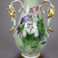 Antique French Limoges Morning Glory Floral & Gilt Hand Painted Porcelain Vase