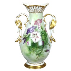 Antique French Limoges Jarrón de Porcelana Pintado a Mano Floral y Dorado Morning Glory