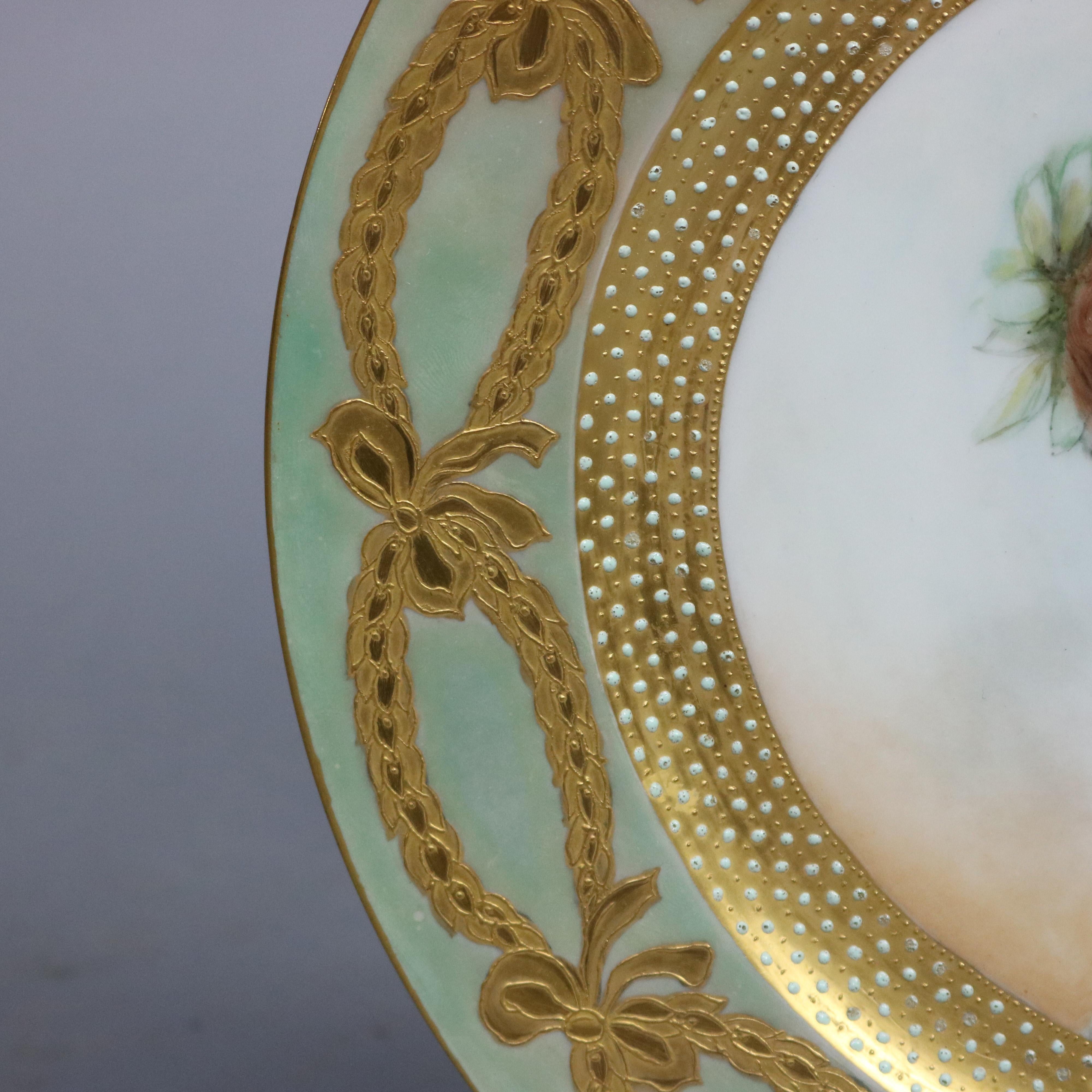 Fired Antique French Limoges Painted & Gilt Portrait Plate of Young Woman by Scluette