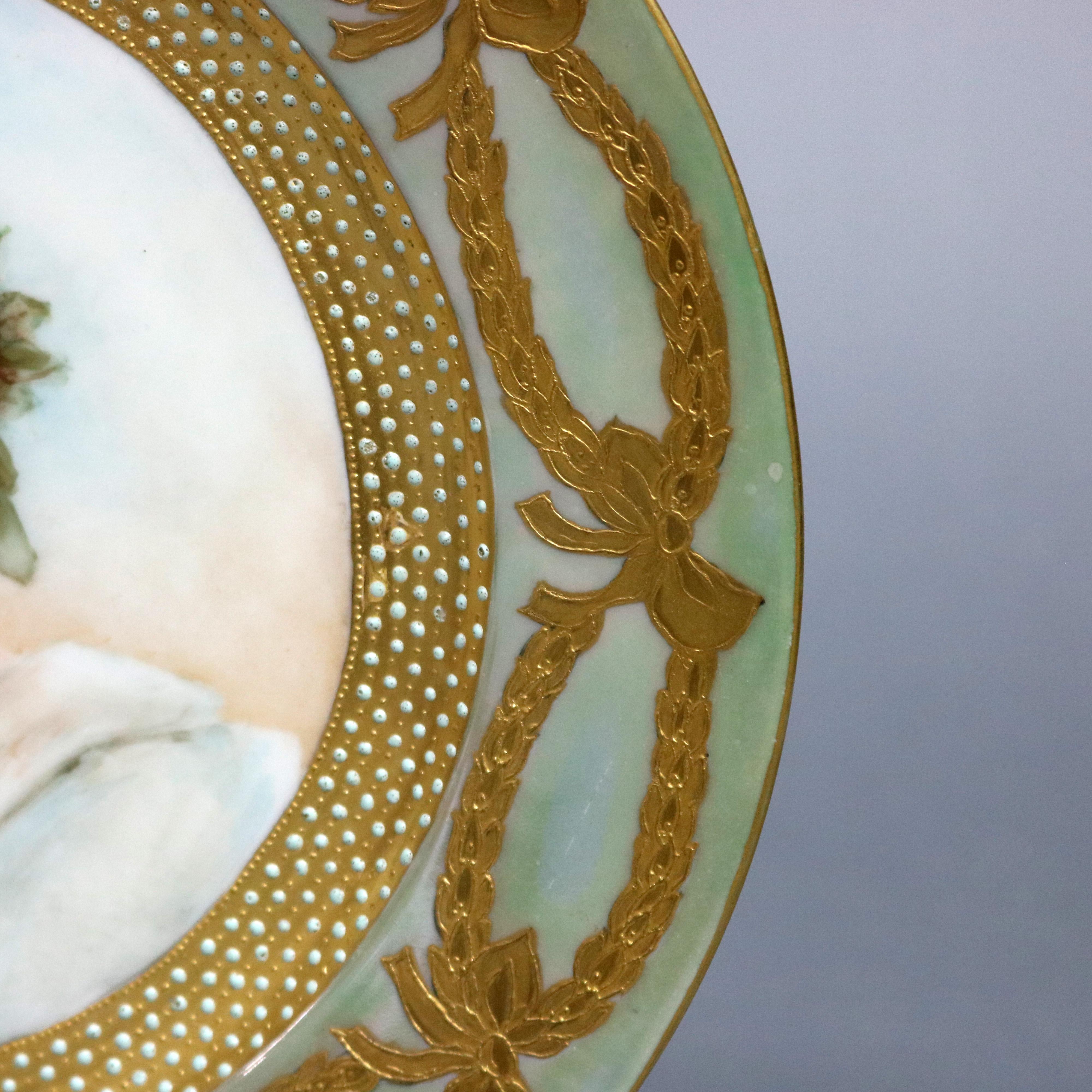 19th Century Antique French Limoges Painted & Gilt Portrait Plate of Young Woman by Scluette