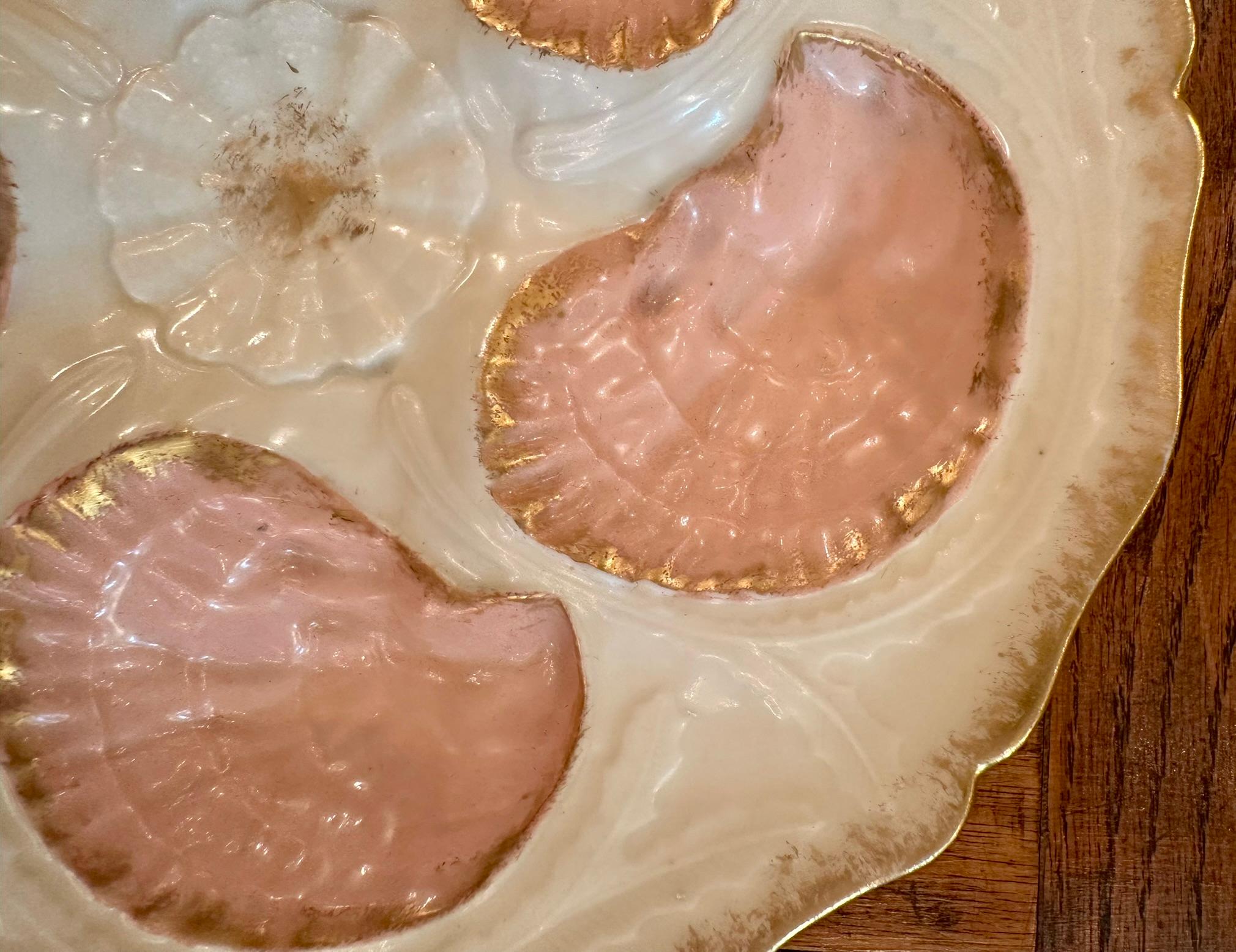 Antique French Limoges Porcelain Hand-Painted Cream, Pink and Gold Oyster Plate, Circa 1890.