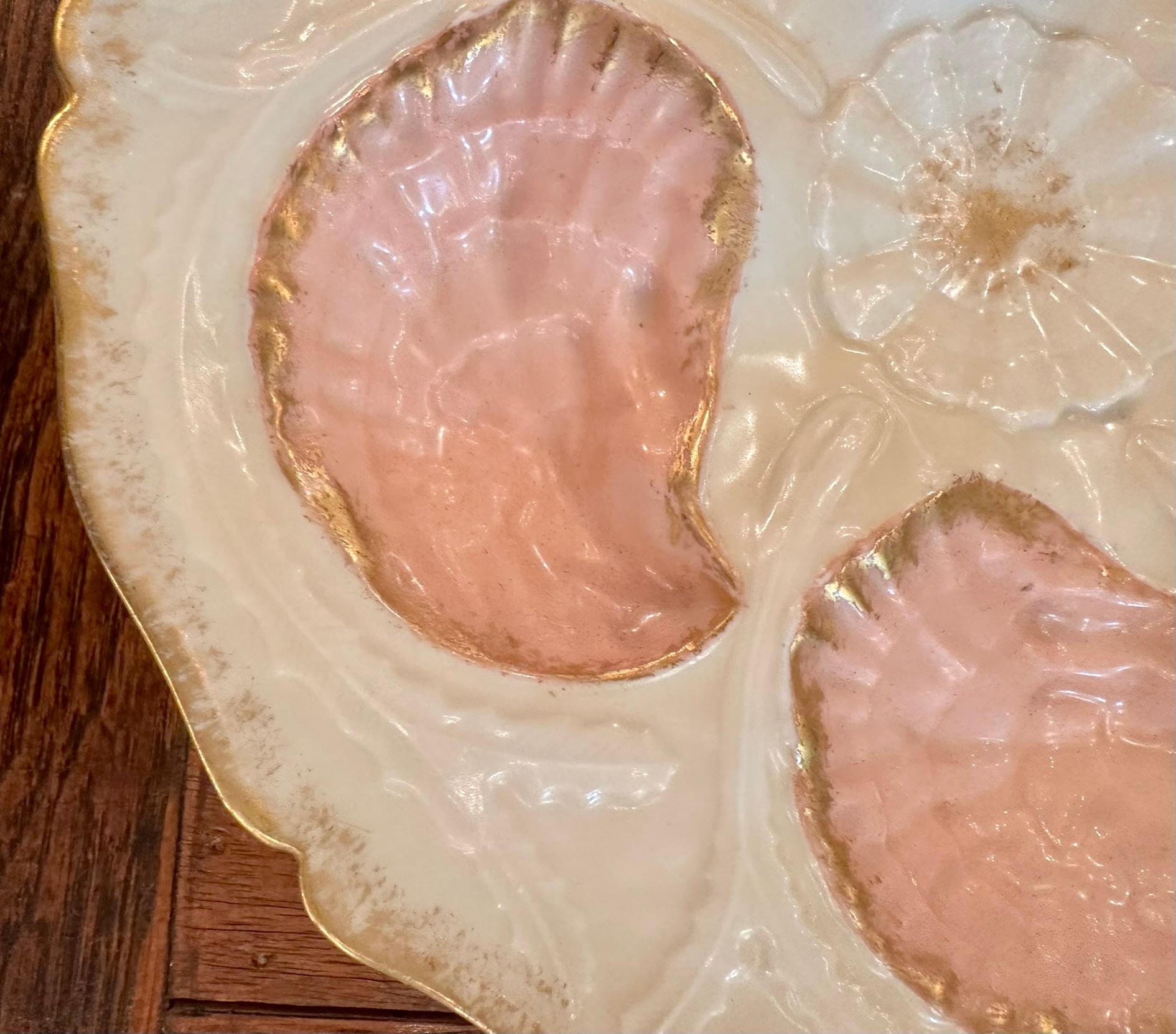 Antique French Limoges Porcelain Cream, Pink and Gold Oyster Plate, Circa 1890. In Good Condition For Sale In New Orleans, LA