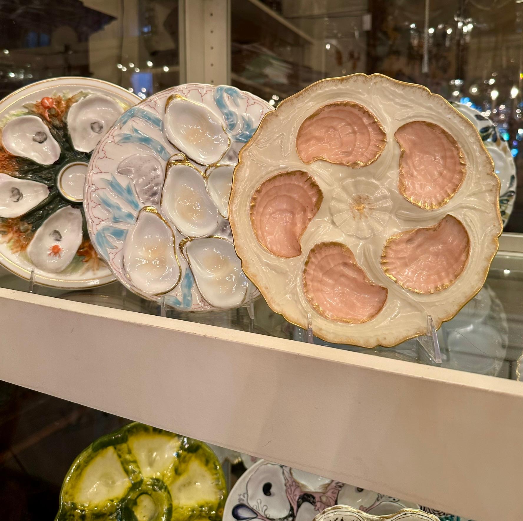 Antique French Limoges Porcelain Cream, Pink and Gold Oyster Plate, Circa 1890. For Sale 2