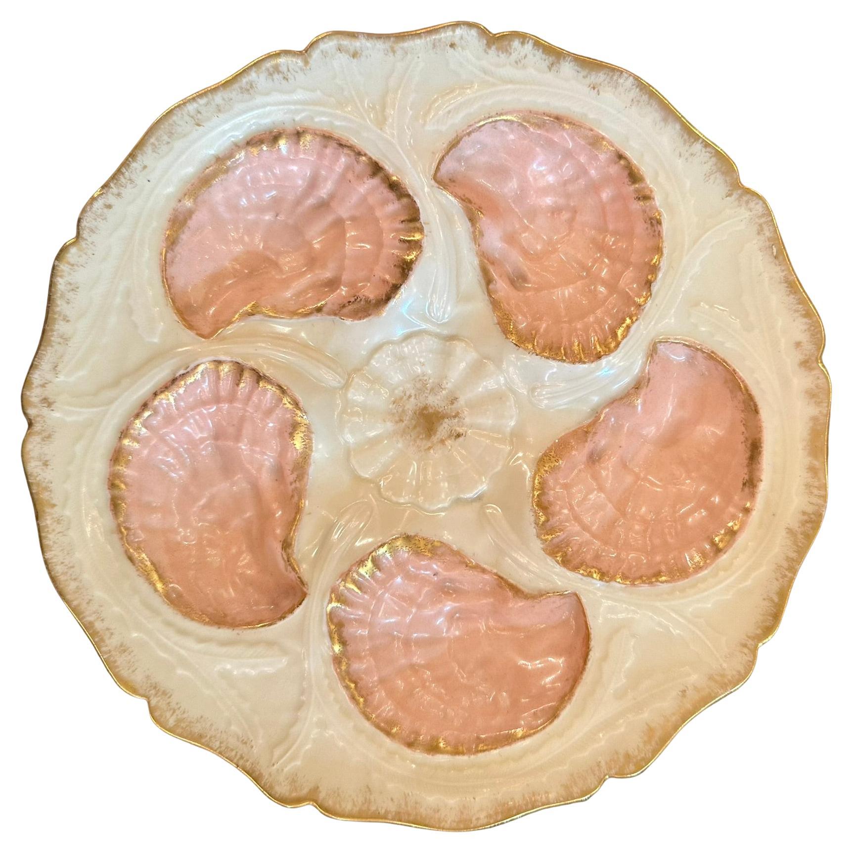 Antique French Limoges Porcelain Cream, Pink and Gold Oyster Plate, Circa 1890.