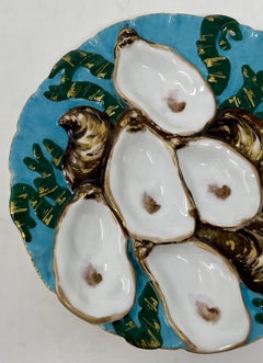 Antique French Limoges Porcelain Cyan Blue & Green Turkey Pattern Oyster Plate
