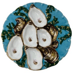 Antique French Limoges Porcelain Cyan Blue & Green Turkey Pattern Oyster Plate