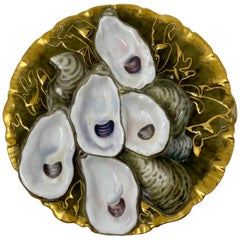 Antique French Limoges Porcelain Green & Gold Turkey Pattern Oyster Plate, 1892