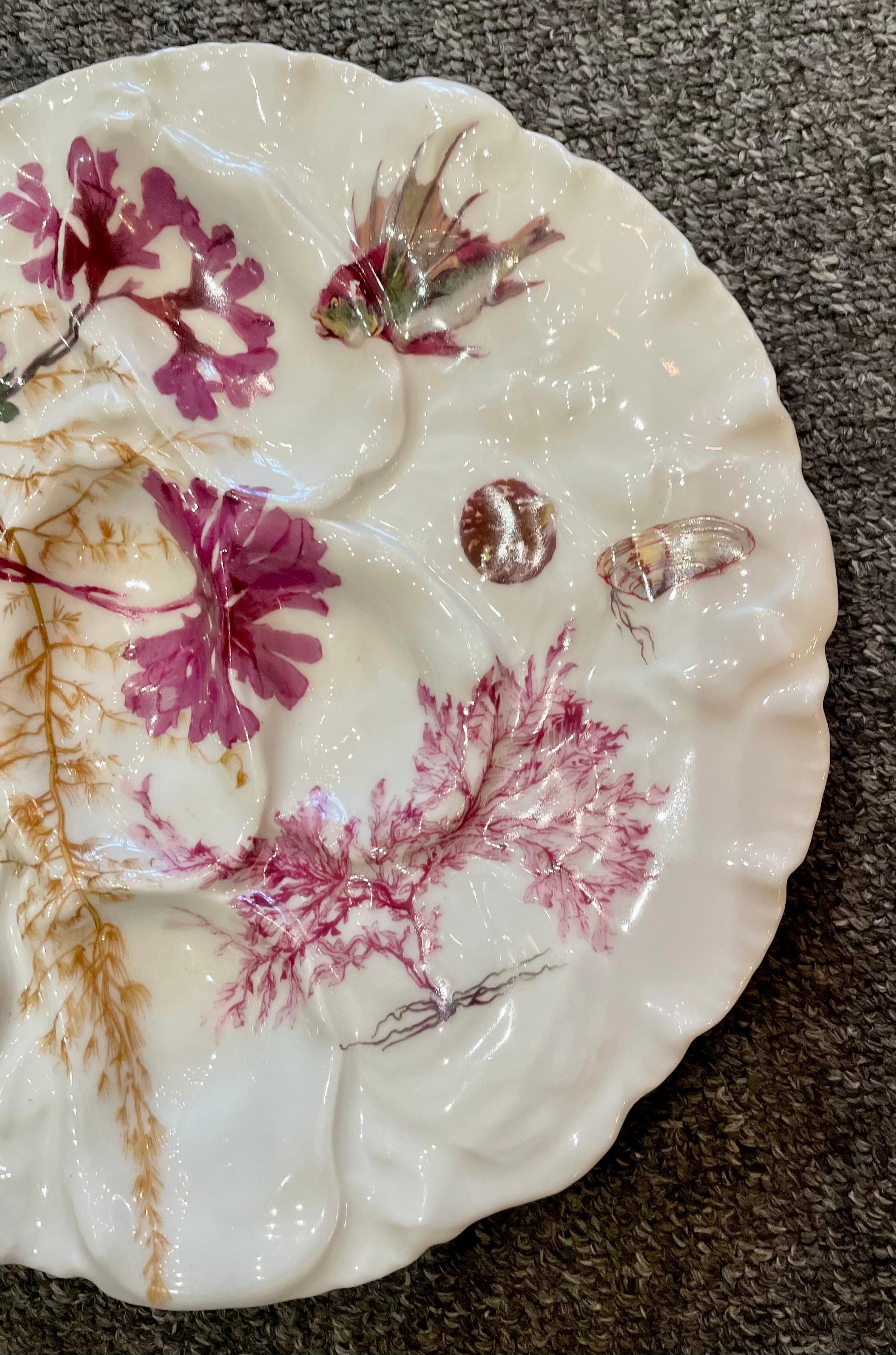 Antique French Limoges Porcelain turkey pattern oyster plate with hand-painted sea creatures, circa 1880-1890.
Beautiful hues of fuchsia, purple, and deep sea-green.