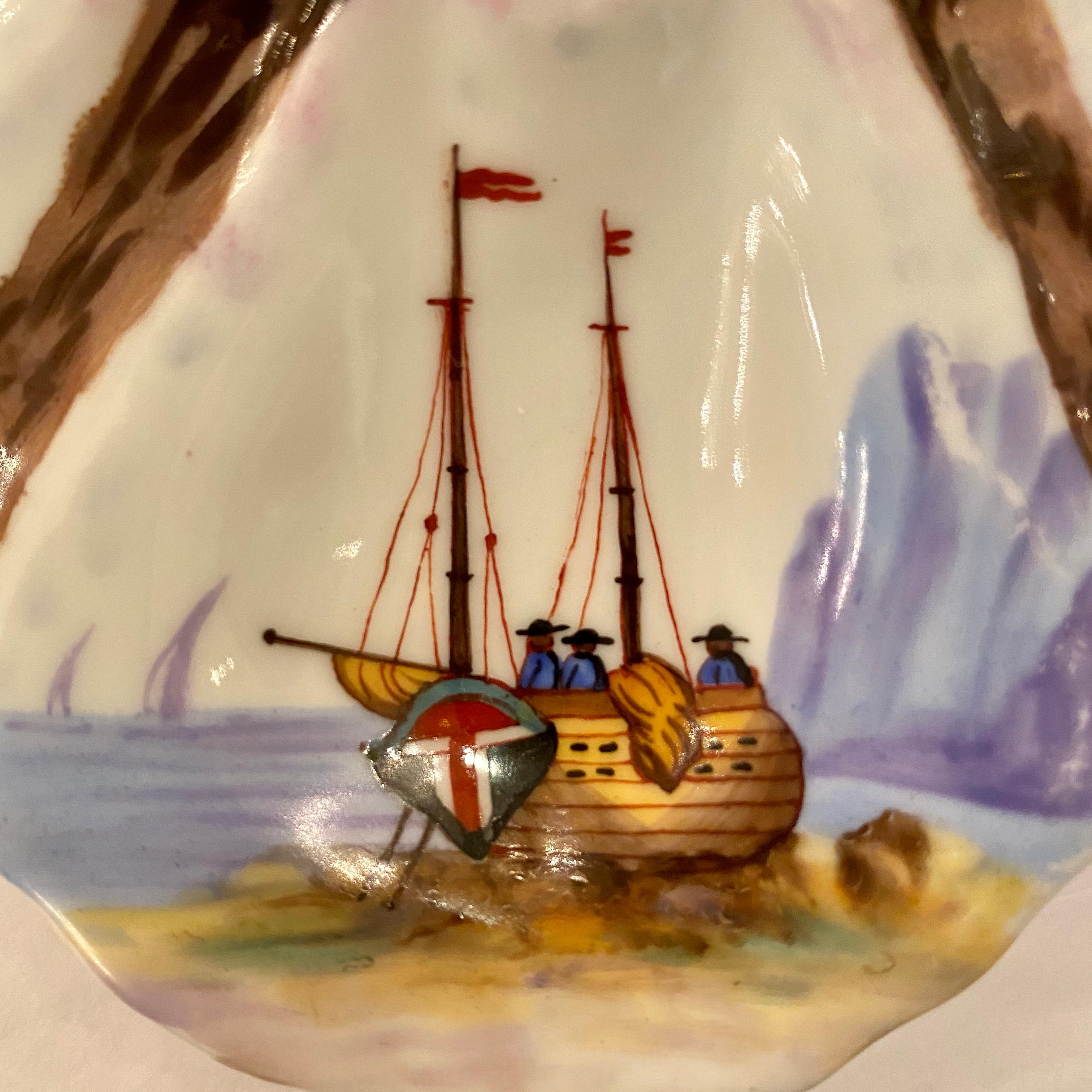 French Limoges Porcelain Oyster Plate, Hand Painted Sailboats, circa 1880s In Good Condition In New Orleans, LA