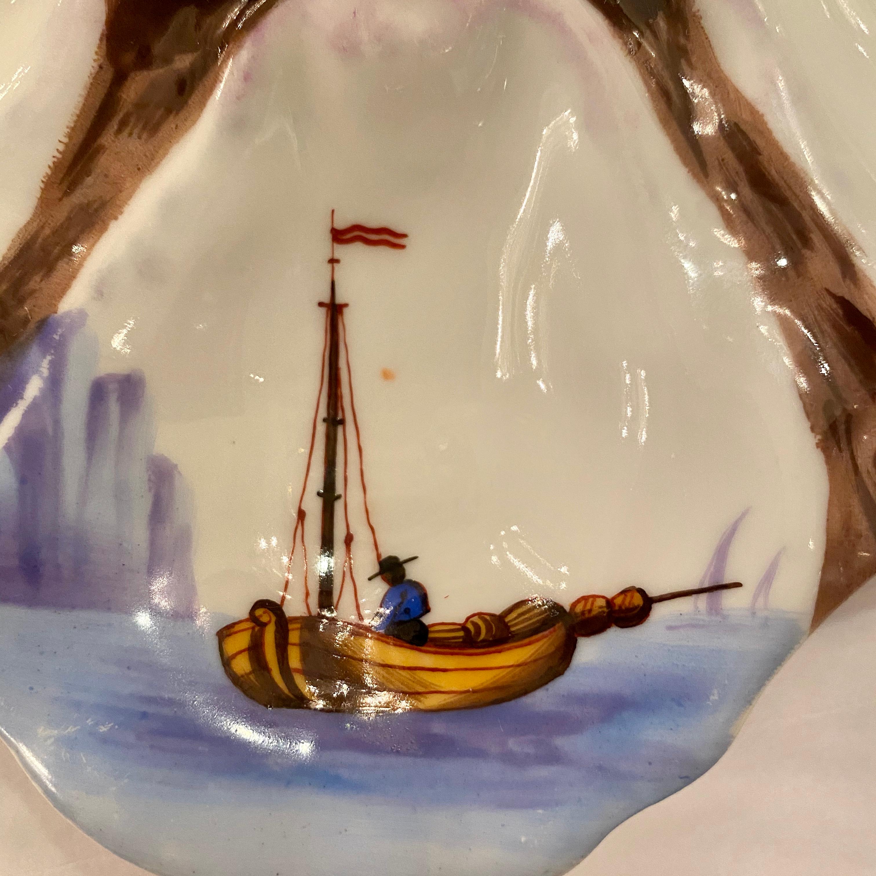 19th Century French Limoges Porcelain Oyster Plate, Hand Painted Sailboats, circa 1880s