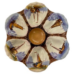 French Limoges Porcelain Oyster Plate, Hand Painted Sailboats, circa 1880s