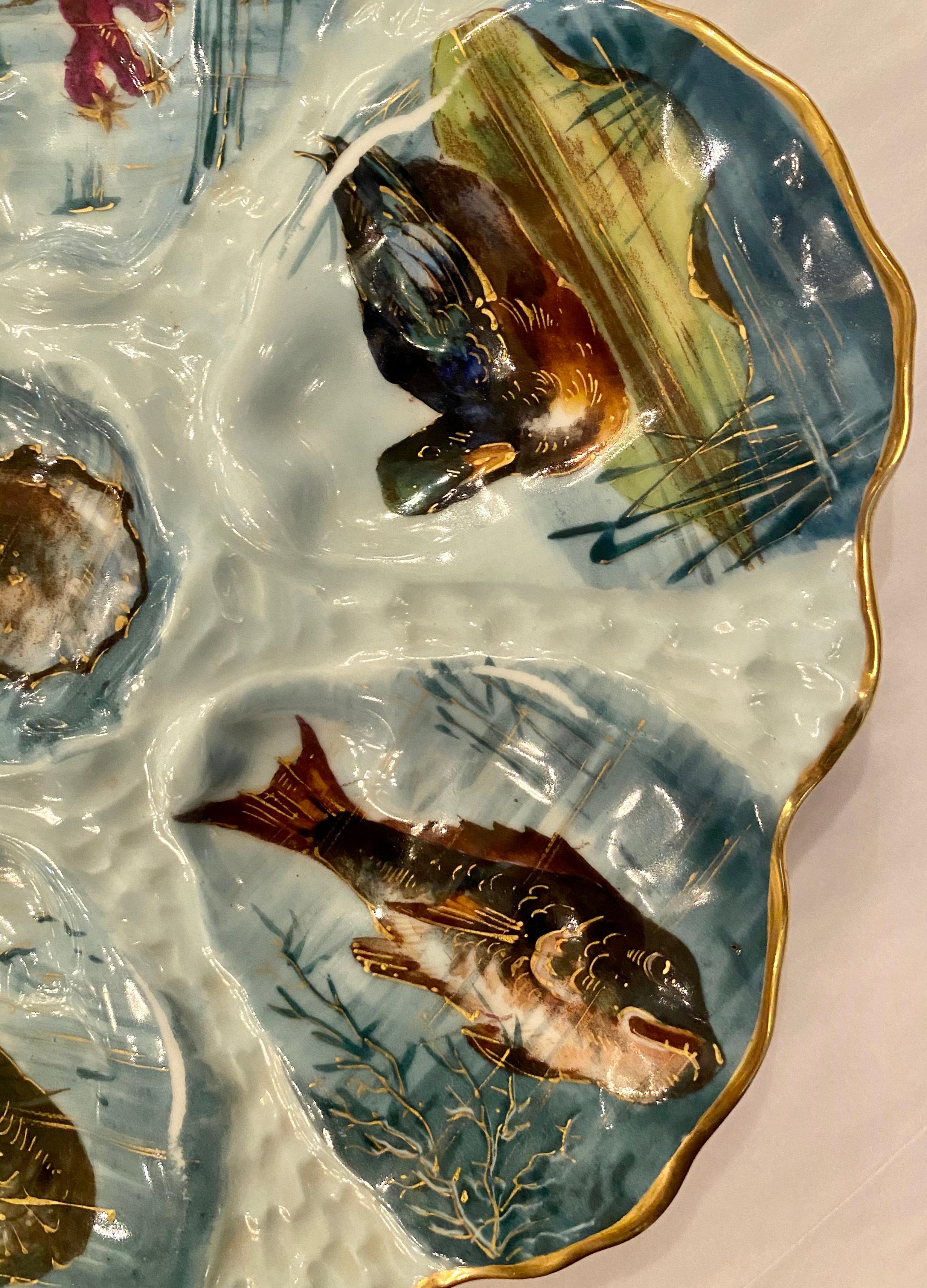 Antique French Limoges Porcelain Oyster Plate, Hand Painted Sea Life, circa 1870 In Good Condition In New Orleans, LA