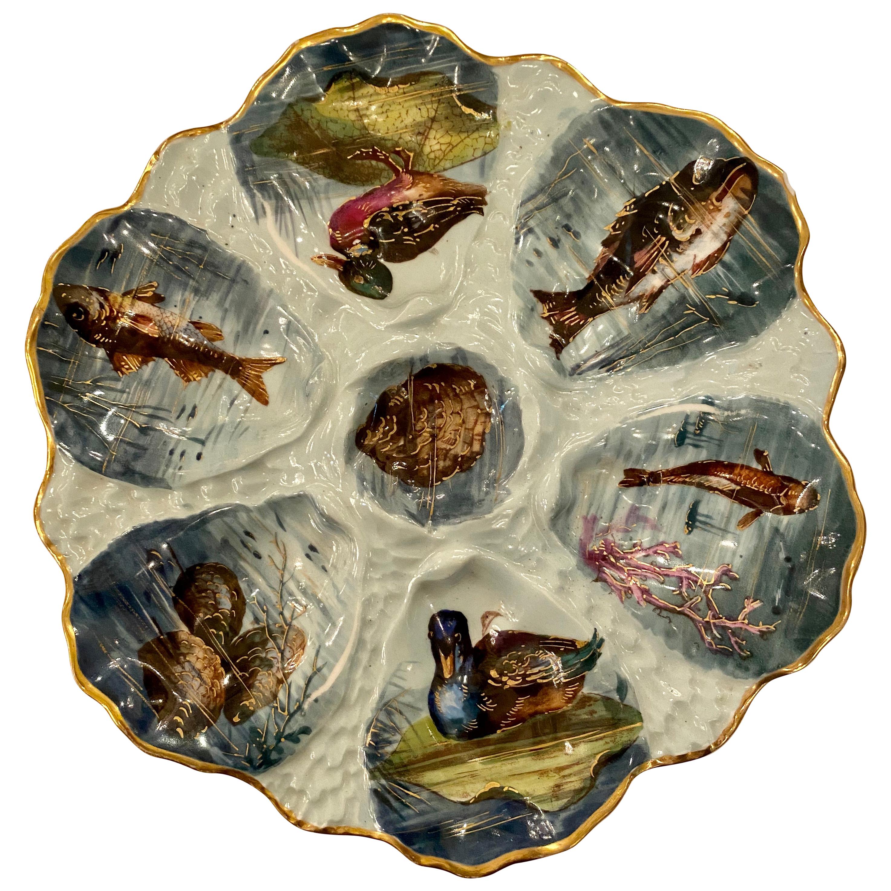 Antique French Limoges Porcelain Oyster Plate, Hand Painted Sea Life, circa 1870