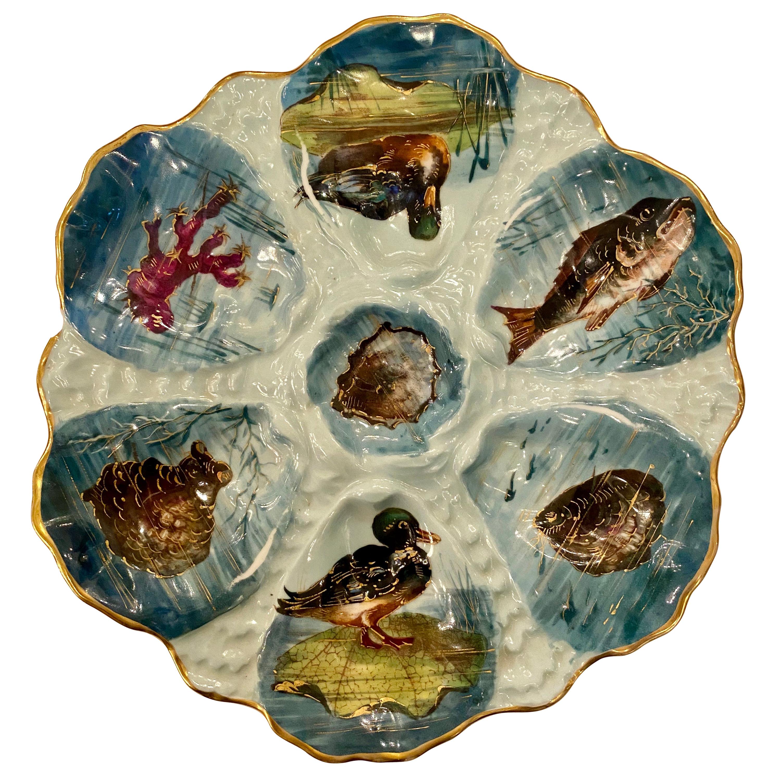 Antique French Limoges Porcelain Oyster Plate, Hand Painted Sea Life, circa 1870