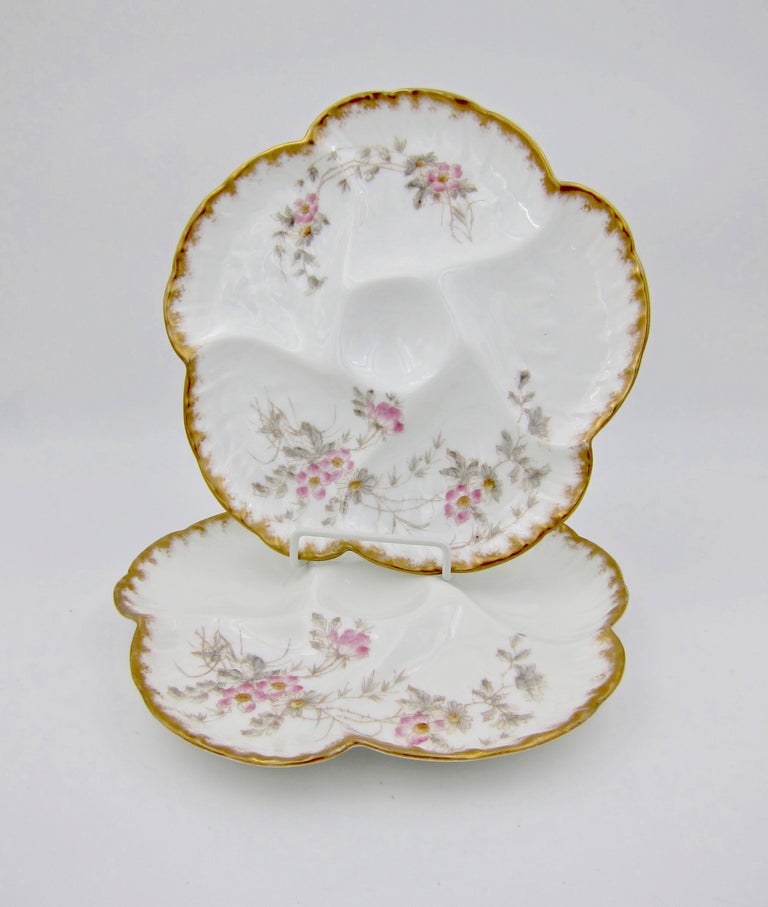 Hand-Painted Antique French Limoges Porcelain Oyster Plate Pair, 1880s