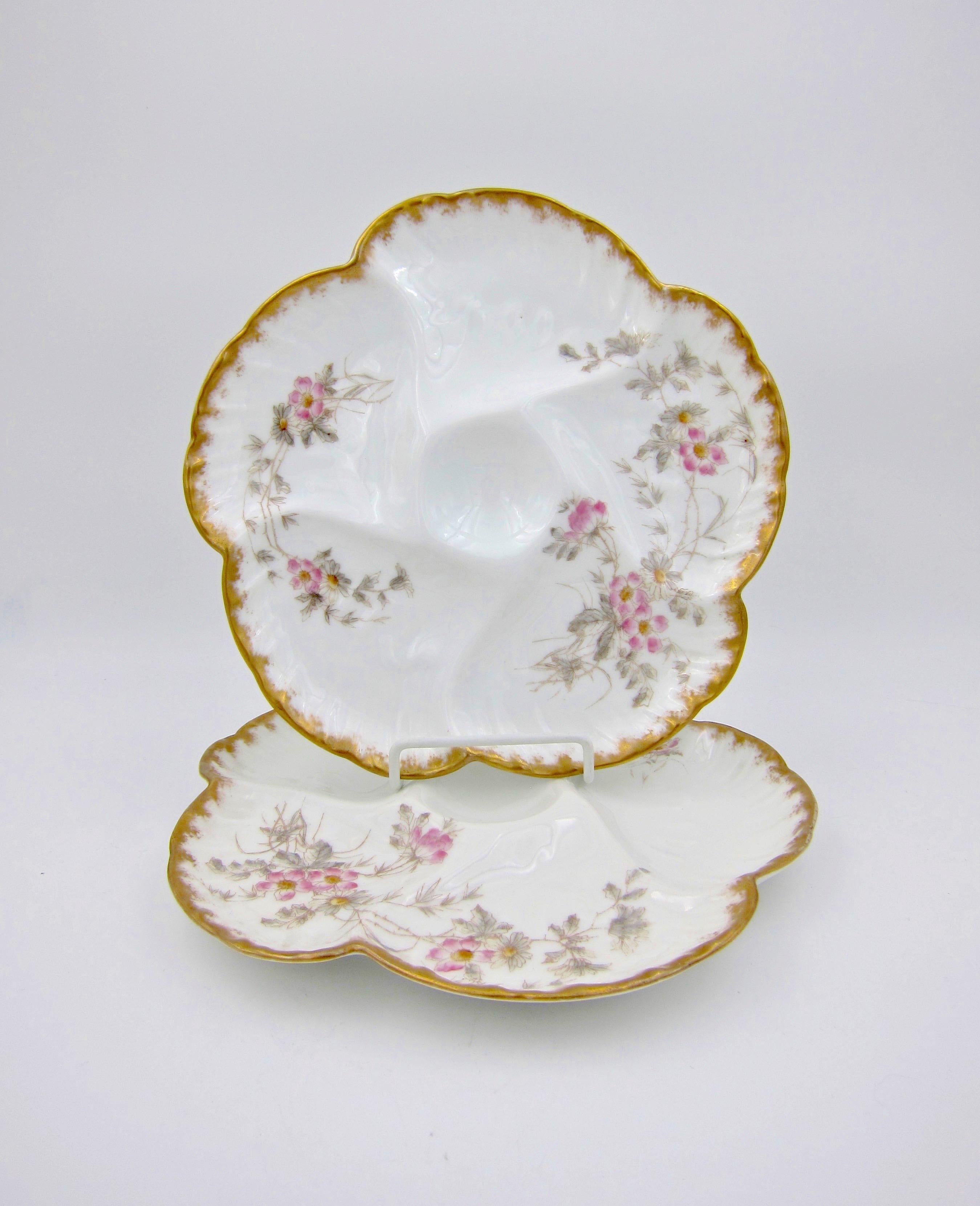 Hand-Painted Antique French Limoges Porcelain Oyster Plate Pair, 1880s