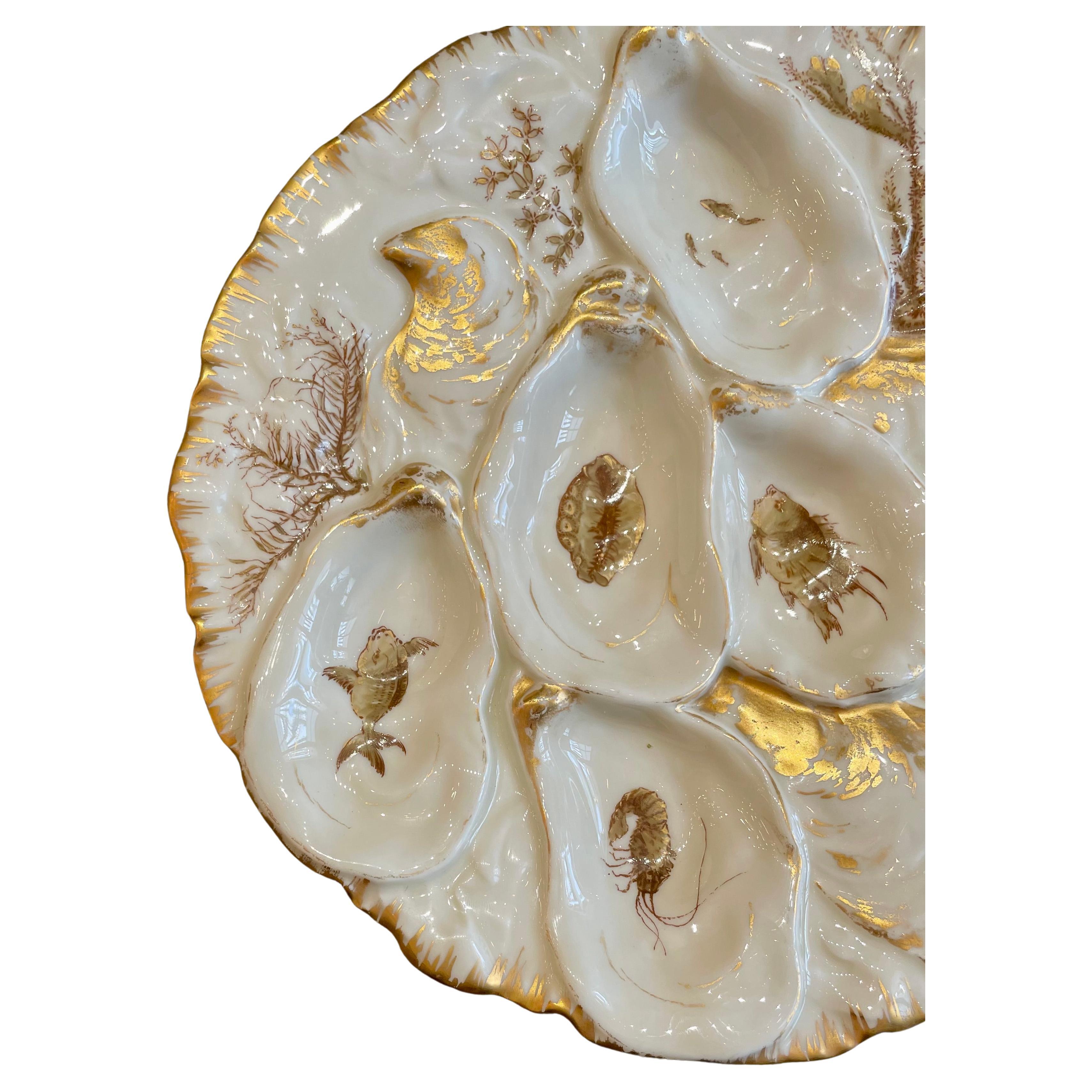 Ancienne assiette à huîtres en porcelaine de Limoges peinte de la vie marine.
Détails dorés peints à la main sur un fond ivoire avec des poissons, des écrevisses, des coquillages et du corail.