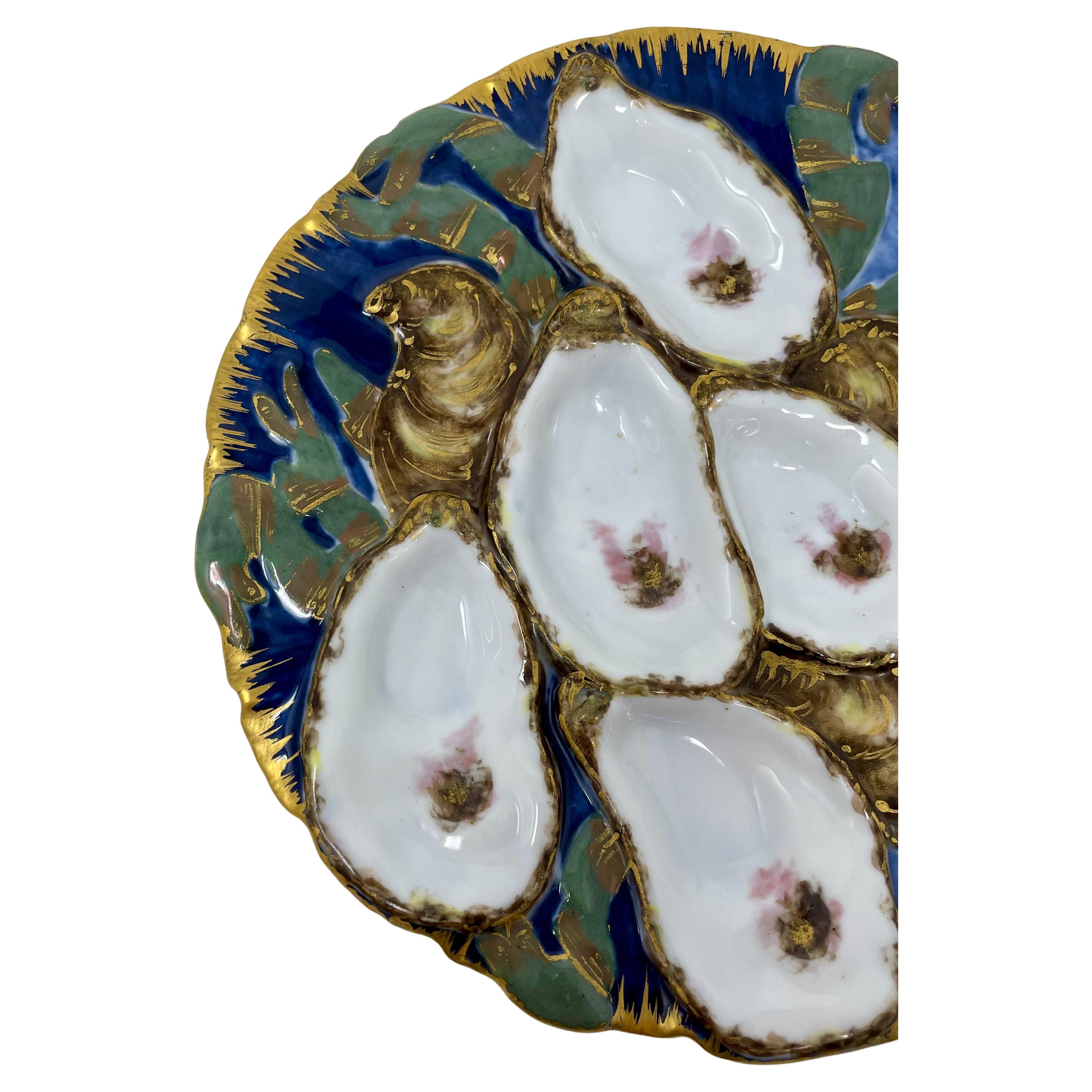 Antique French hand-painted Limoges porcelain presidential oyster plate in the original turkey pattern, circa 1880's-1890's. Made by 