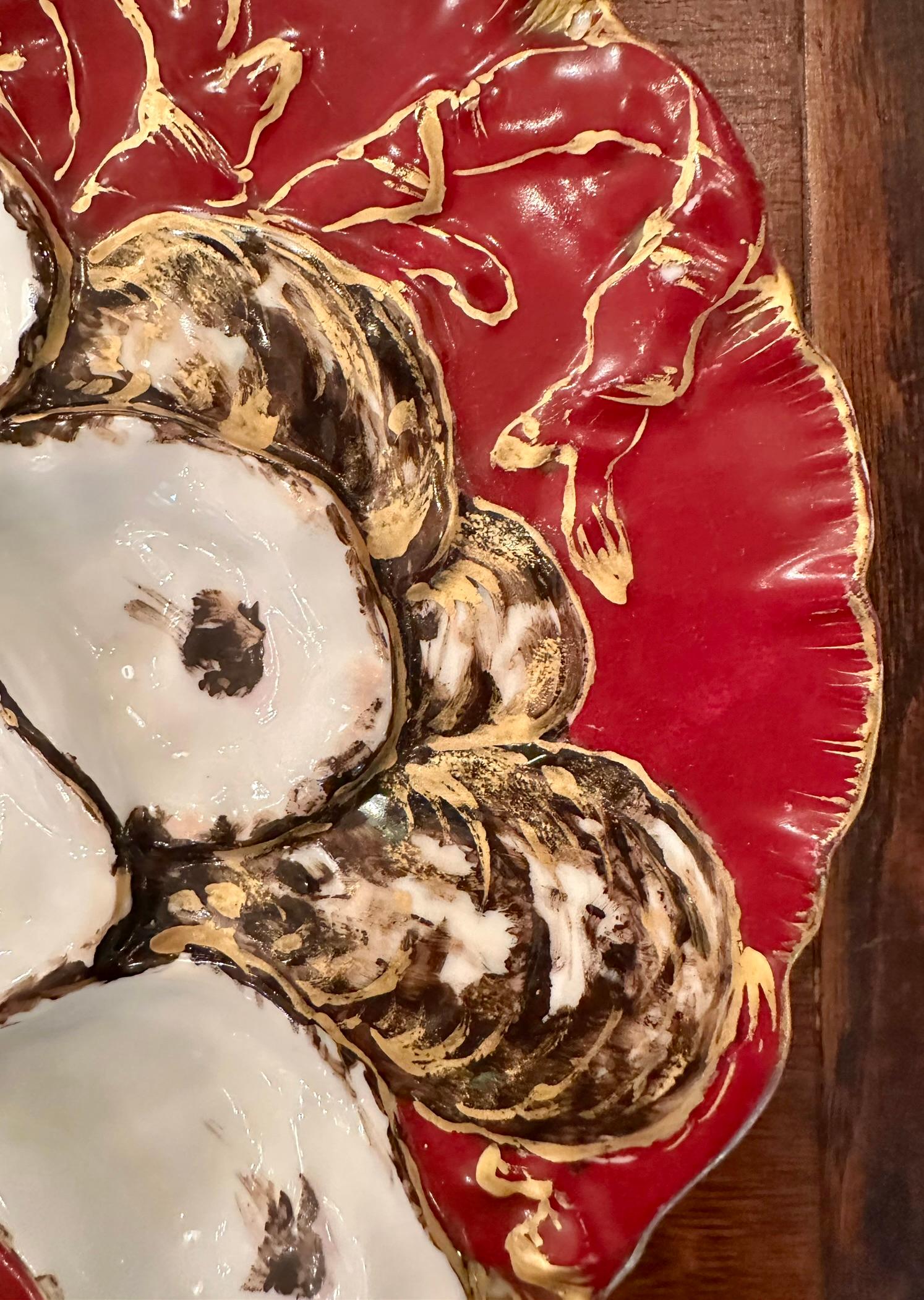 19th Century Antique French Limoges Porcelain Red & Gold Turkey Pattern Oyster Plate Ca. 1890 For Sale