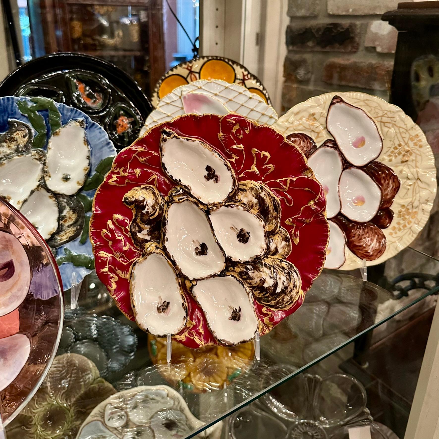 Antique French Limoges Porcelain Red & Gold Turkey Pattern Oyster Plate Ca. 1890 For Sale 4