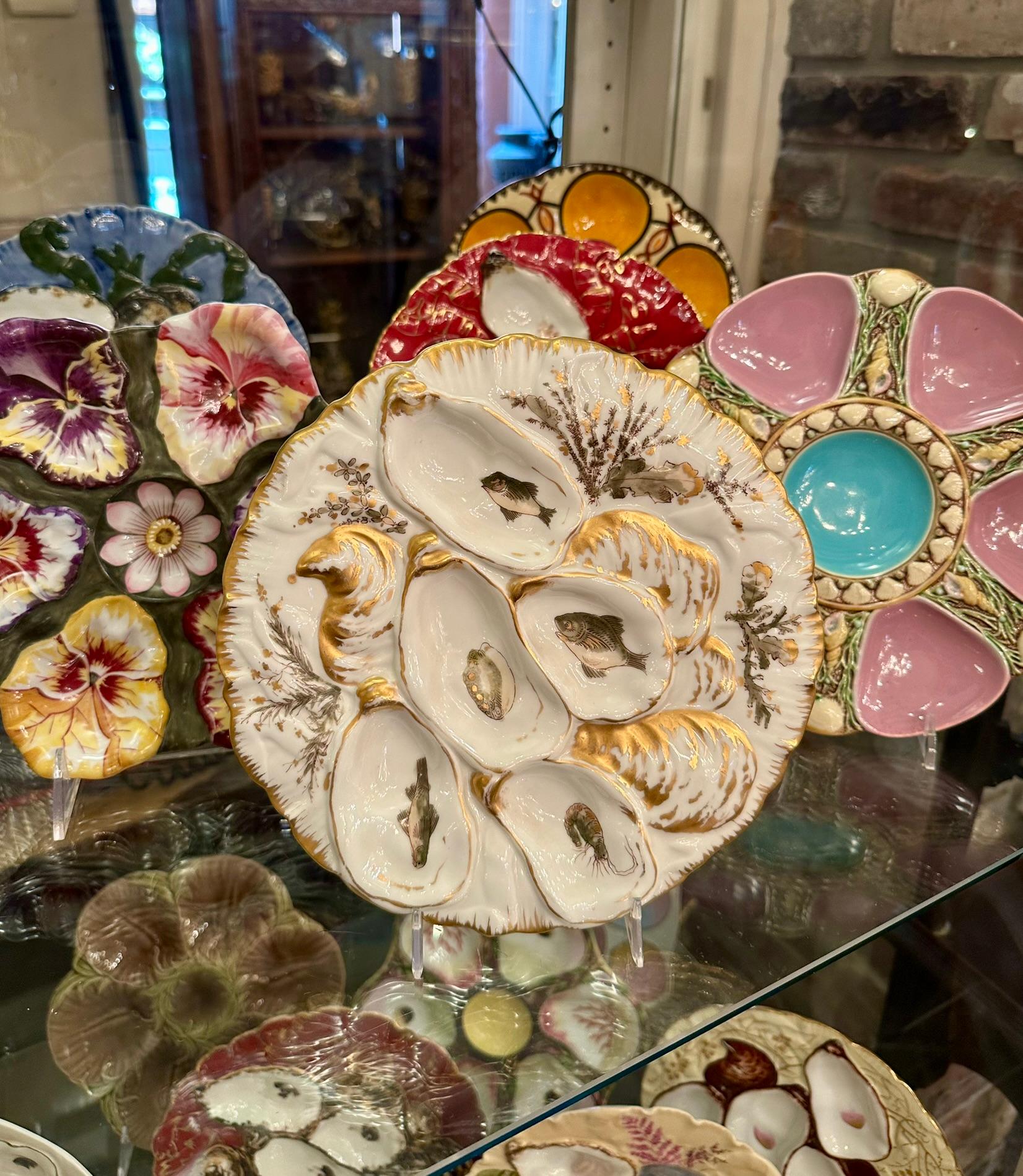 Antique French Limoges Porcelana Sea Life Turkey Pattern Oyster Plate Ca. 1890 en venta 3