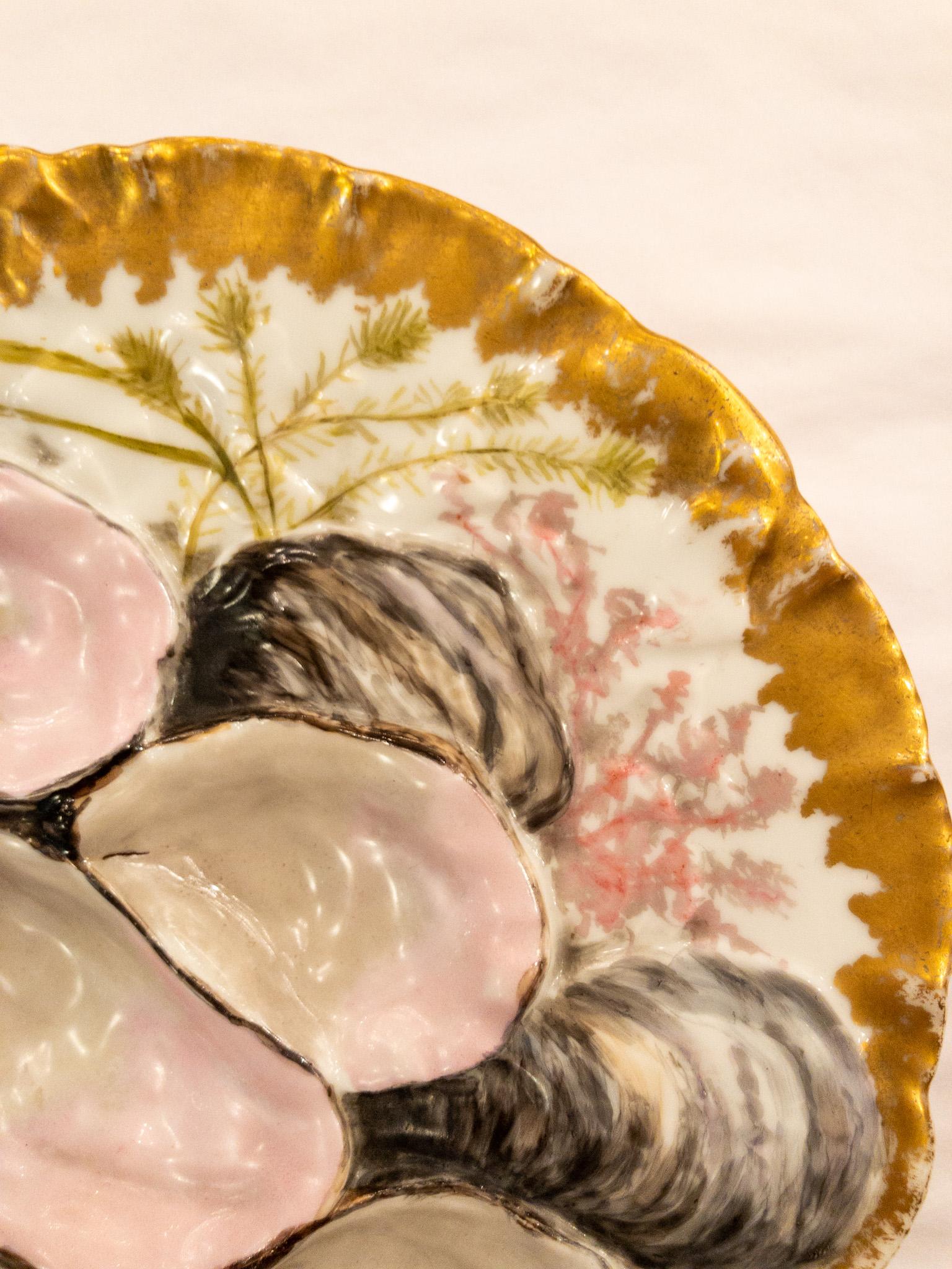Hand-Painted Antique French Limoges Porcelain Turkey Pattern Oyster Plate, circa 1880s