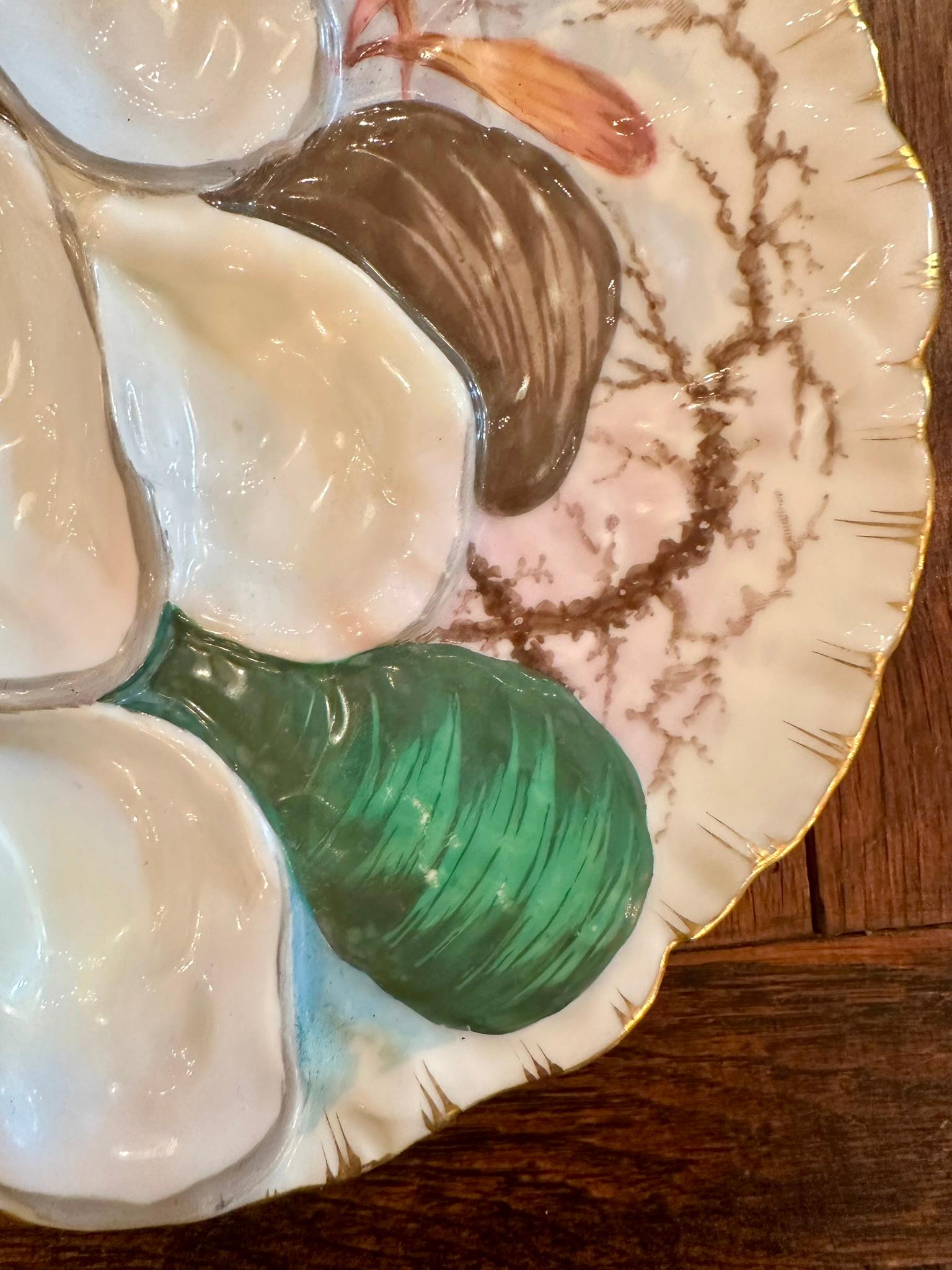 Antique French Limoges Porcelain Turkey Pattern Oyster Plate, Circa 1880's. In Good Condition For Sale In New Orleans, LA