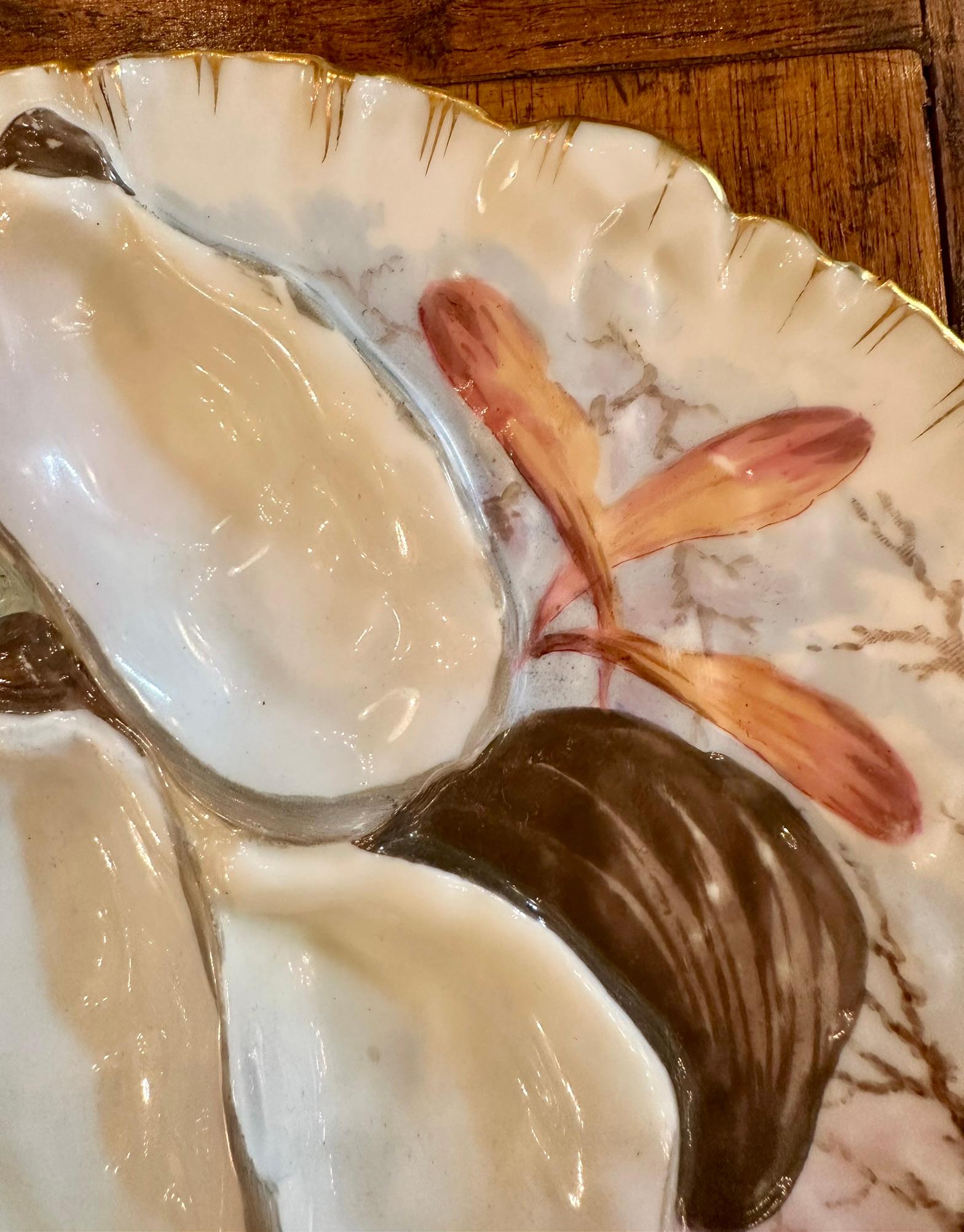 19th Century Antique French Limoges Porcelain Turkey Pattern Oyster Plate, Circa 1880's. For Sale