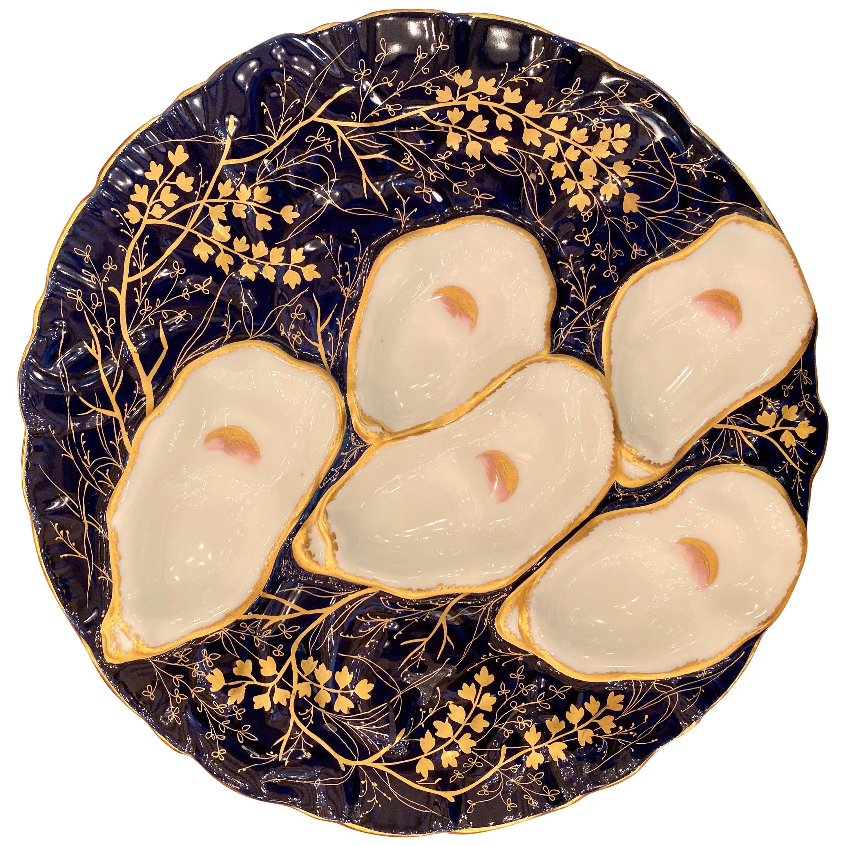 Antique French Limoges Porcelain Turkey Pattern Oyster Plate, circa 1880s