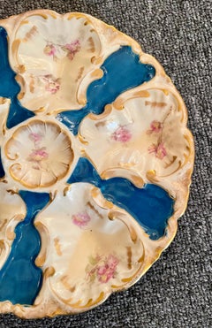 Antique French Limoges Porcelain Turquoise, Pink & Gold Oyster Plate Circa 1900