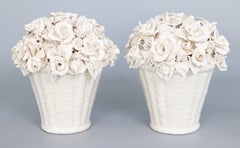 Antique French Limoges White Porcelain Creamware Roses Flower Baskets - a Pair