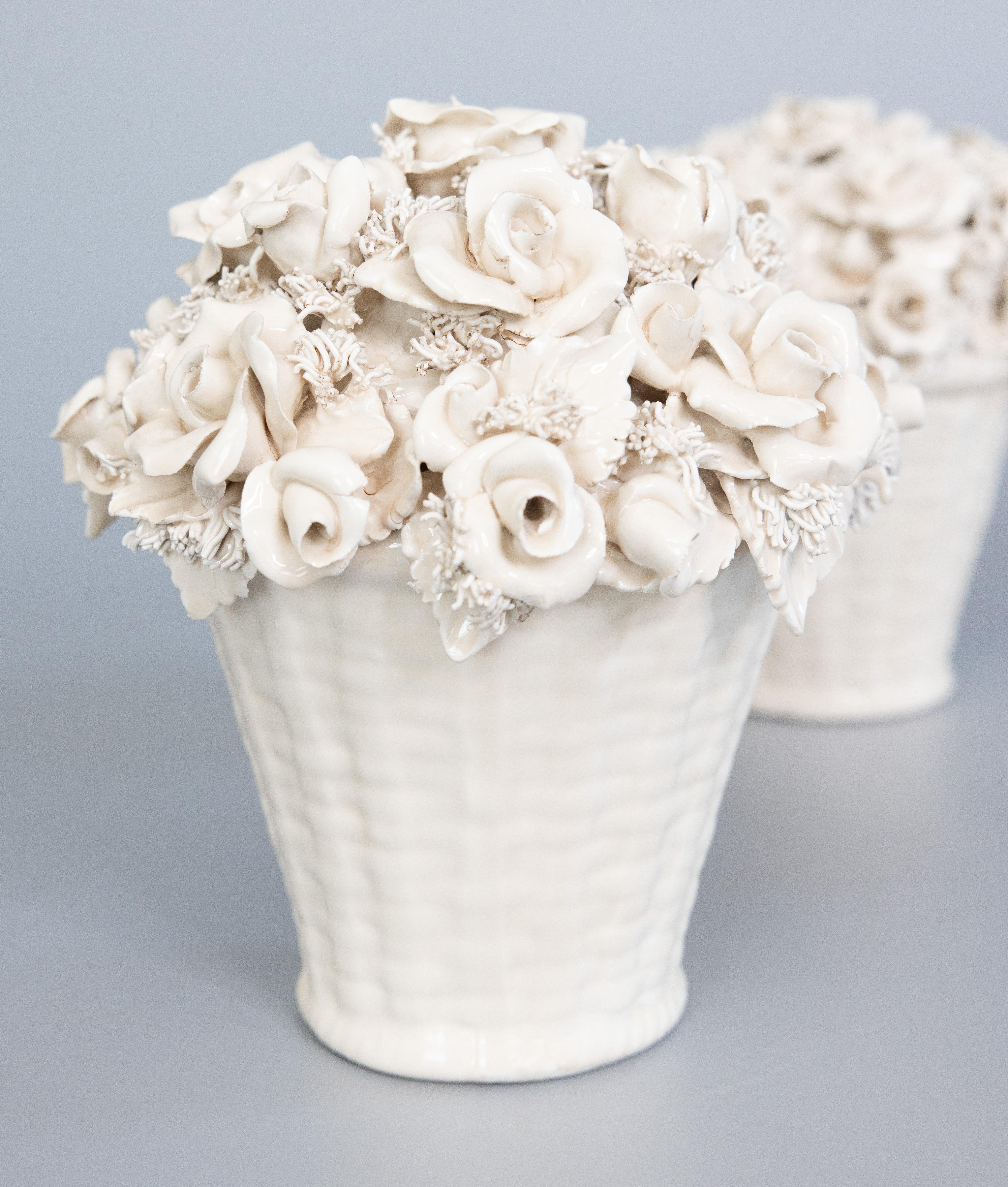 French Provincial Antique French Limoges White Porcelain Creamware Roses Flower Baskets - a Pair
