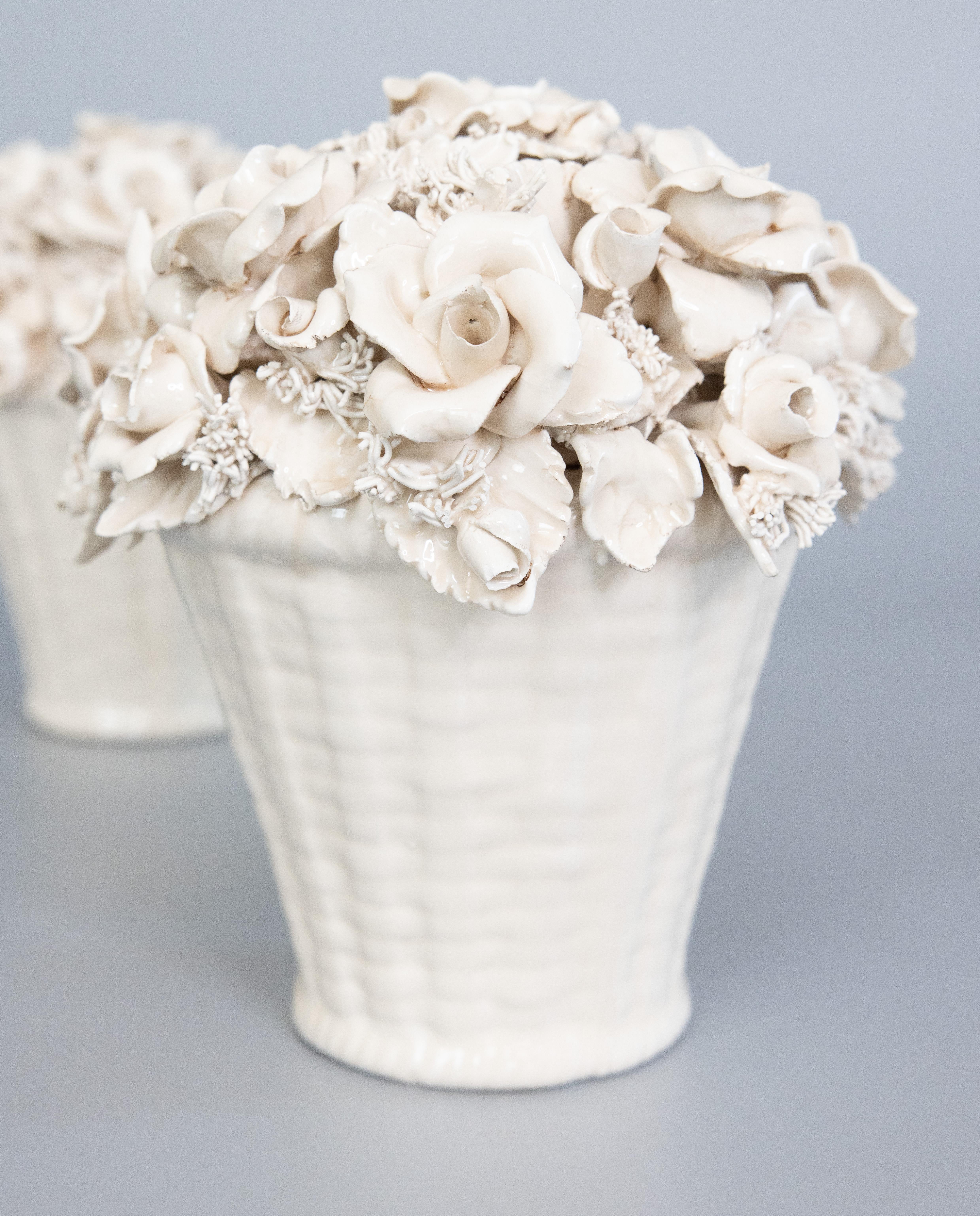 Fired Antique French Limoges White Porcelain Creamware Roses Flower Baskets - a Pair