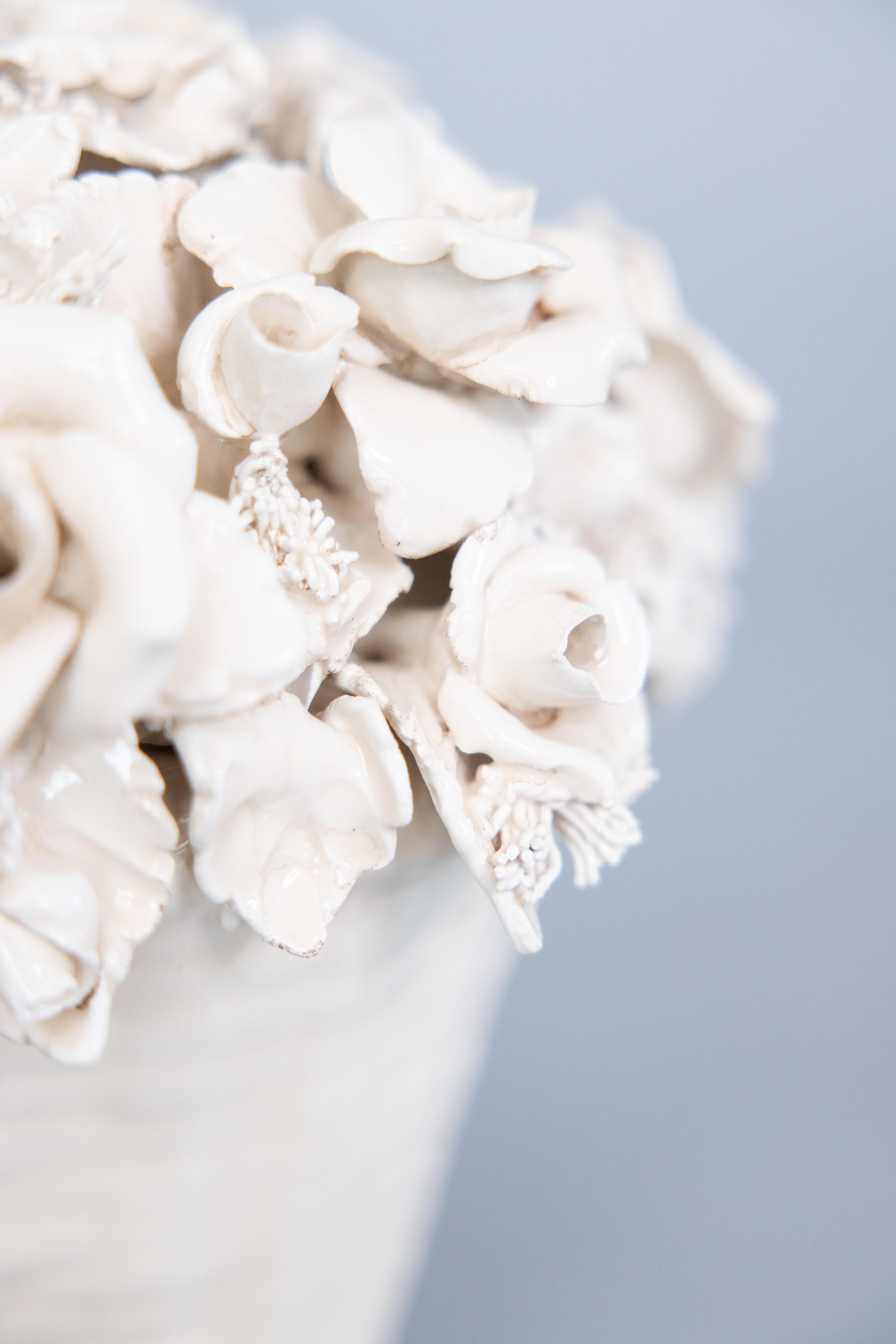 Antique French Limoges White Porcelain Creamware Roses Flower Baskets - a Pair In Good Condition In Pearland, TX