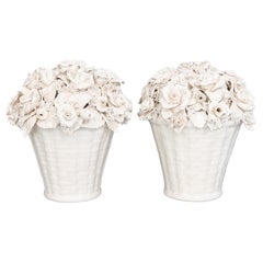 Antique French Limoges White Porcelain Creamware Roses Flower Baskets - a Pair