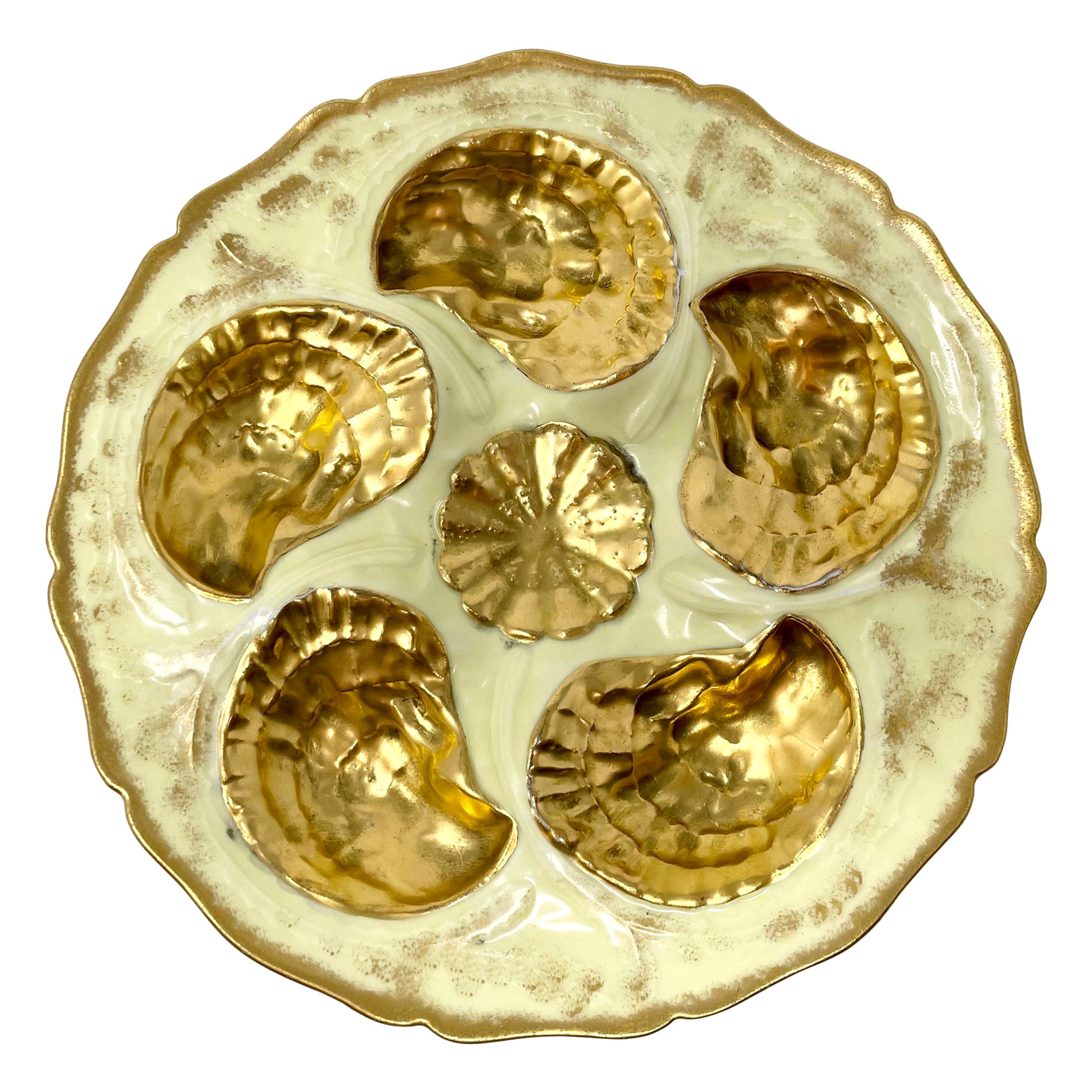 Antique French Limoges Yellow 
Gold Hand-Painted Porcelain Oyster Plate Ca 1900