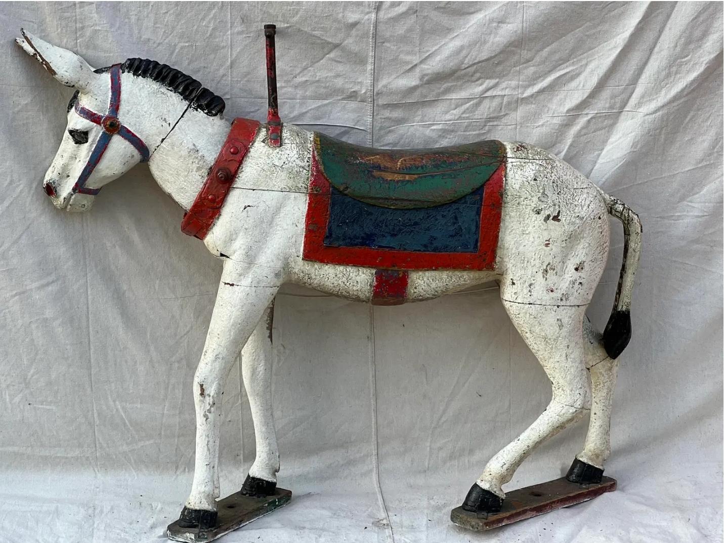 Folk Art Antique French Limonaire Frères Signed Carved Painted Wood Carousel Donkey Ride For Sale