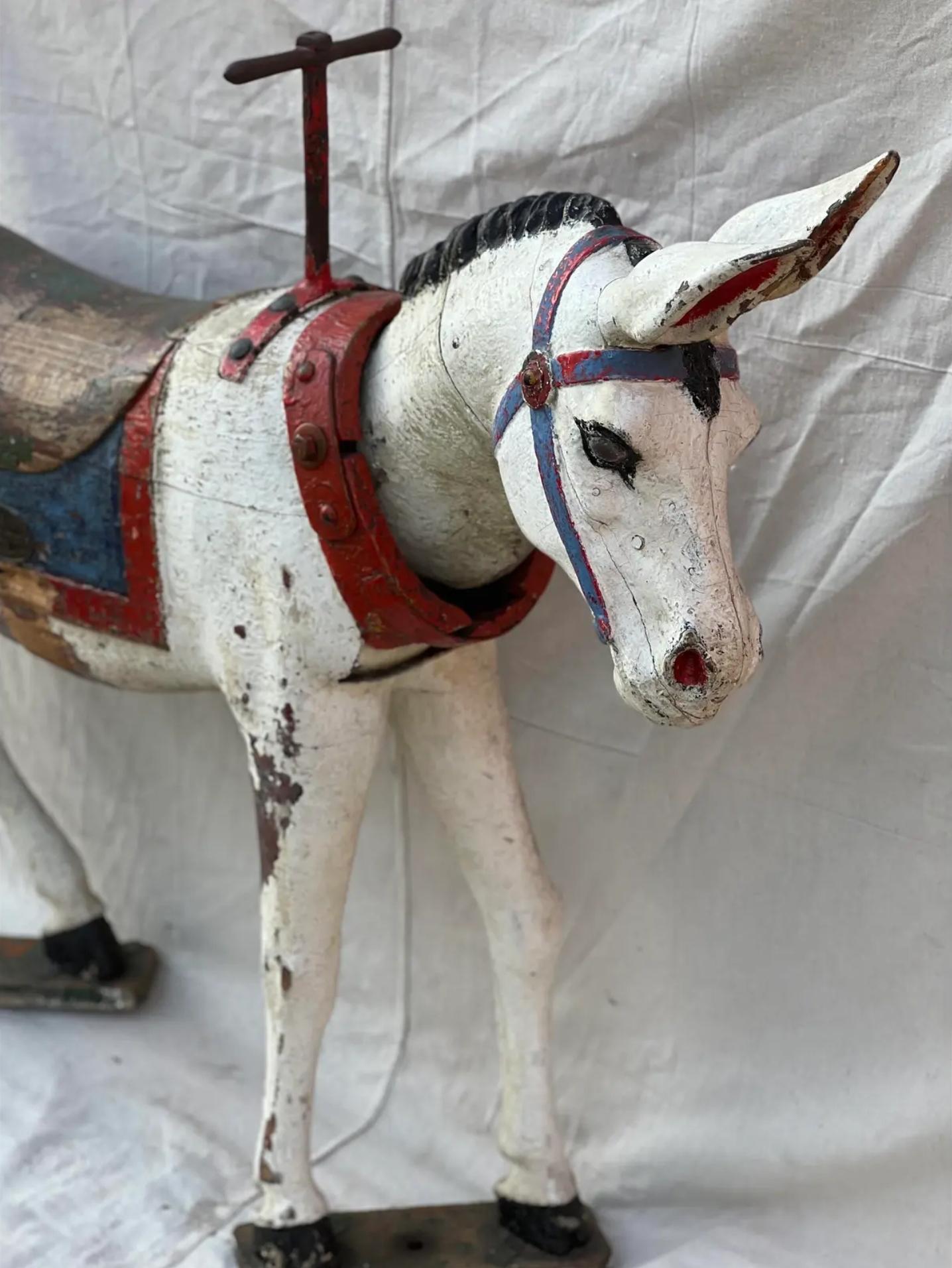 19th Century Antique French Limonaire Frères Signed Carved Painted Wood Carousel Donkey Ride For Sale